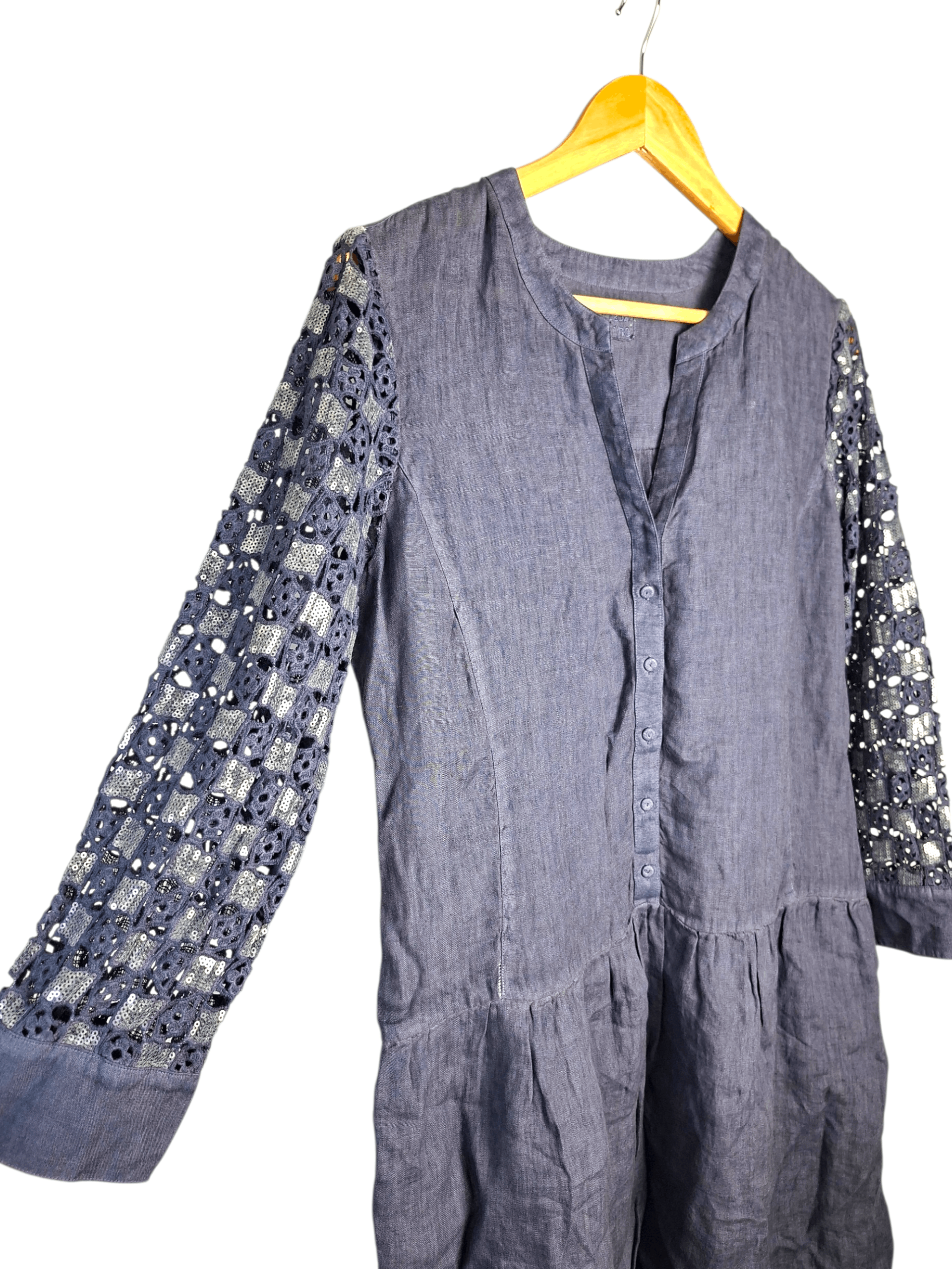 120% Lino 120% Lino Blue Linen Sequin Crochet Sleeve Shift Dress Size M / US 6-8 / IT 42-44 - 2 Thumbnail