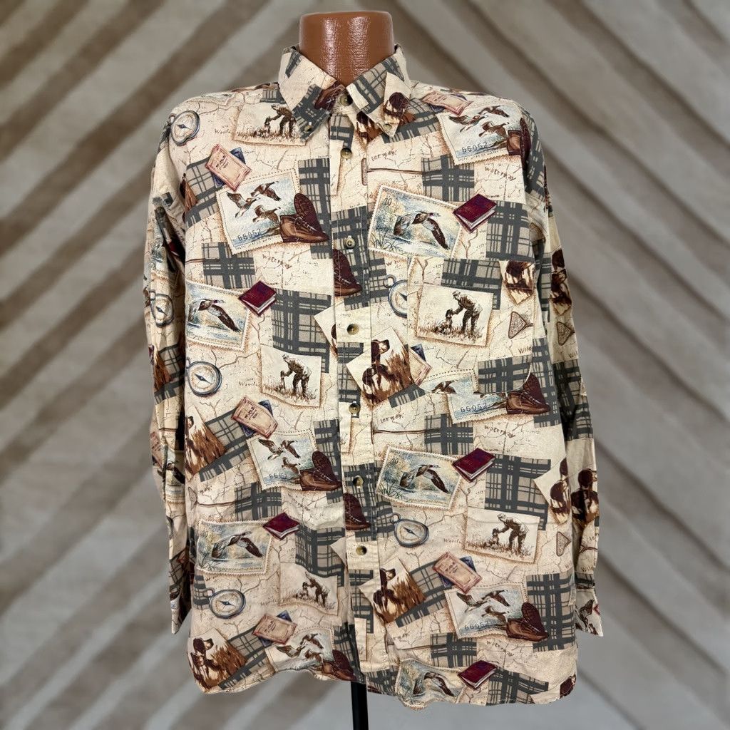 Nautica VINTAGE Nautica Shirt Men XL Beige 90s Hunting Dog Graphic Print Button-Up Oversized Collection Retro Hipster Weathered Mens Size US XL / EU 56 / 4 - 1 Thumbnail
