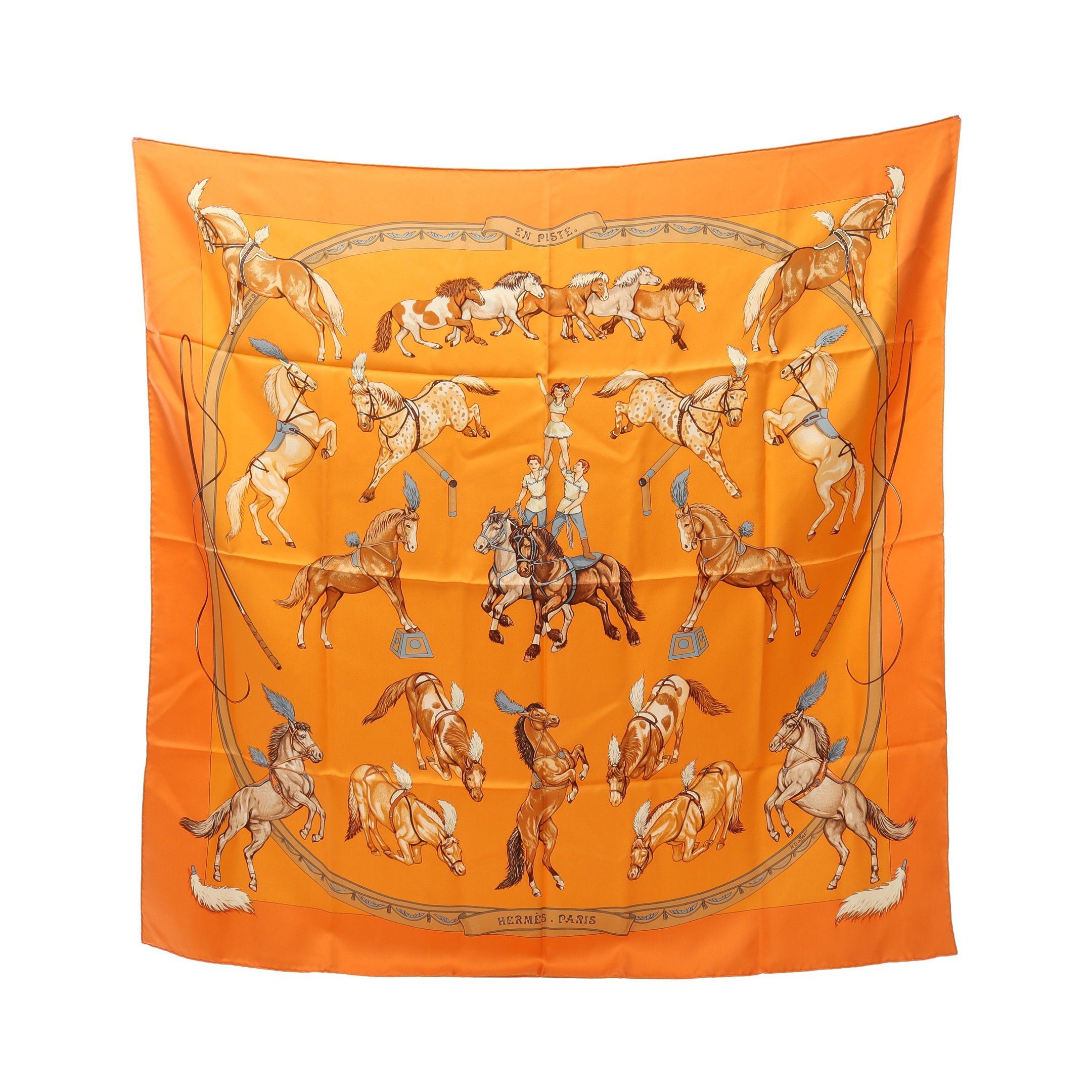 Hermes Hermes Carres 90 En Piste Scarf Silk Orange Multicolor Size ONE SIZE - 1 Thumbnail
