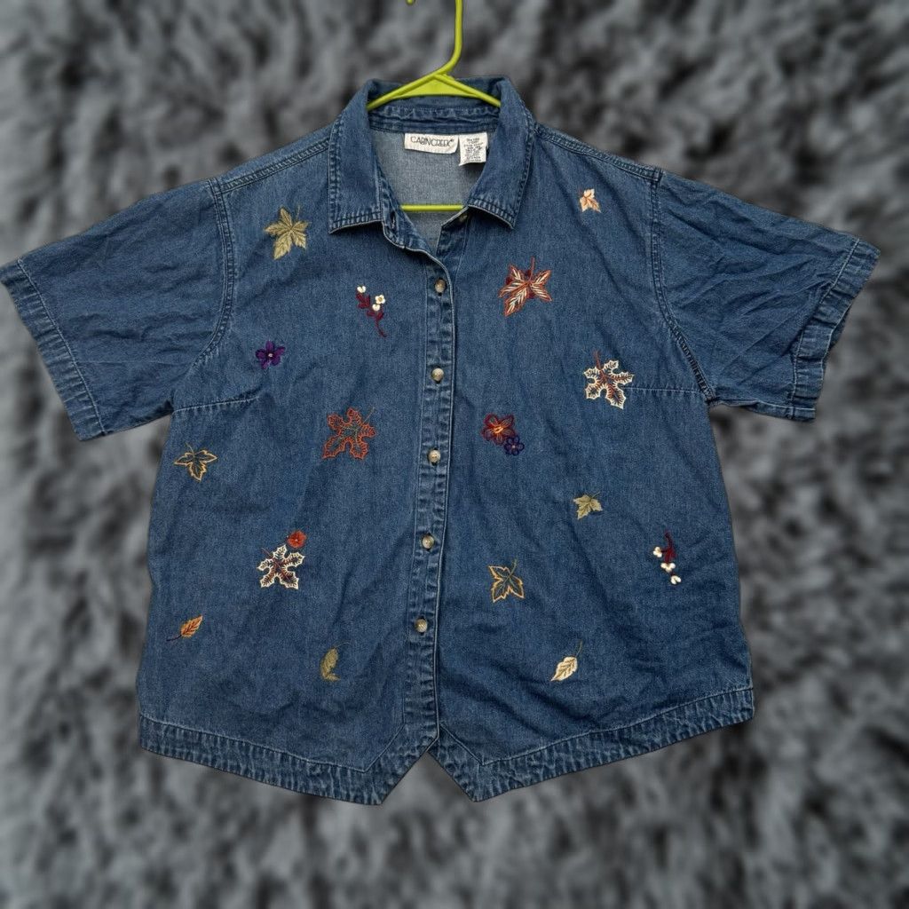 Denime VINTAGE Cabin Creek Denim Shirt 18W Plus Embroidered Autumn Leaves 90s Y2K Farm Shirt Women Size XXL / US 16-18 / IT 52-54 - 1 Thumbnail