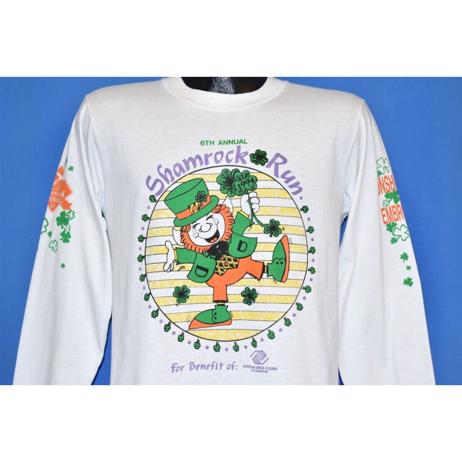 image of Fruit Of The Loom VTG 90's Shamrock Run St Patrick's Day 94 Leprechaun Boys Girls Club Long sleeve 