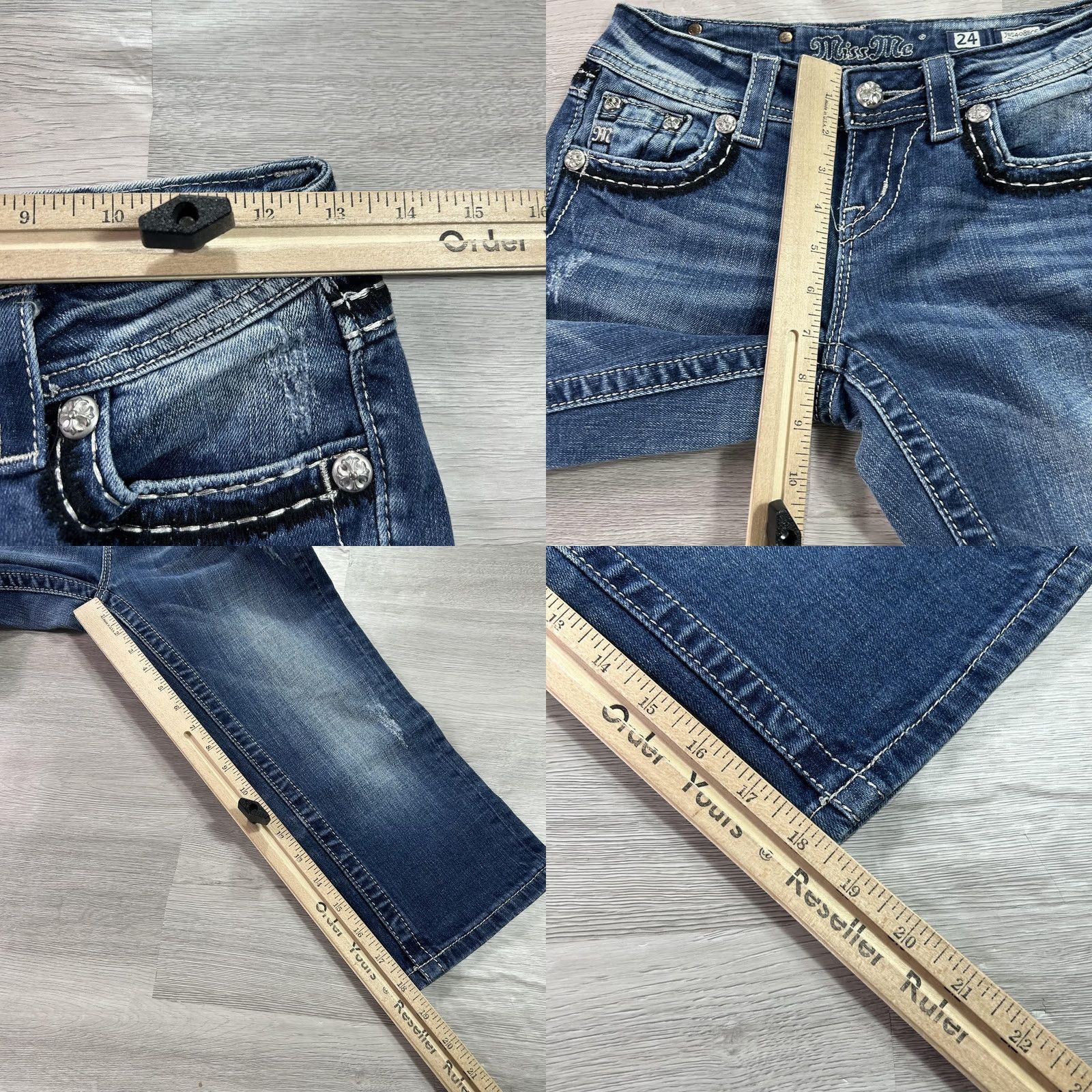Miss Me Miss Me Jeans Womens 24 Blue Low Rise Cropped Stretch Denim Distressed Rhinestone Studded Pockets 5-Pocket Size 42" / US 20 - 8 Thumbnail