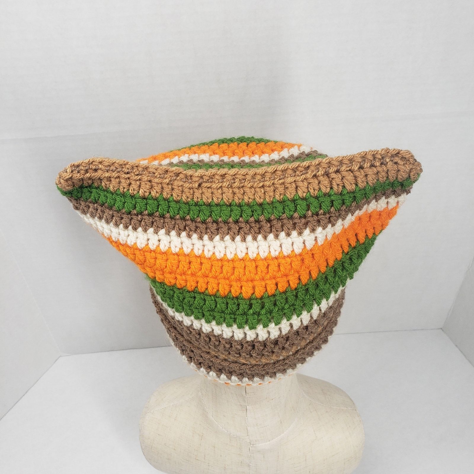 Handmade Cat Ear Beanie Crochet Hat Brown Green Stripe Handmade Knit Size ONE SIZE - 5 Thumbnail
