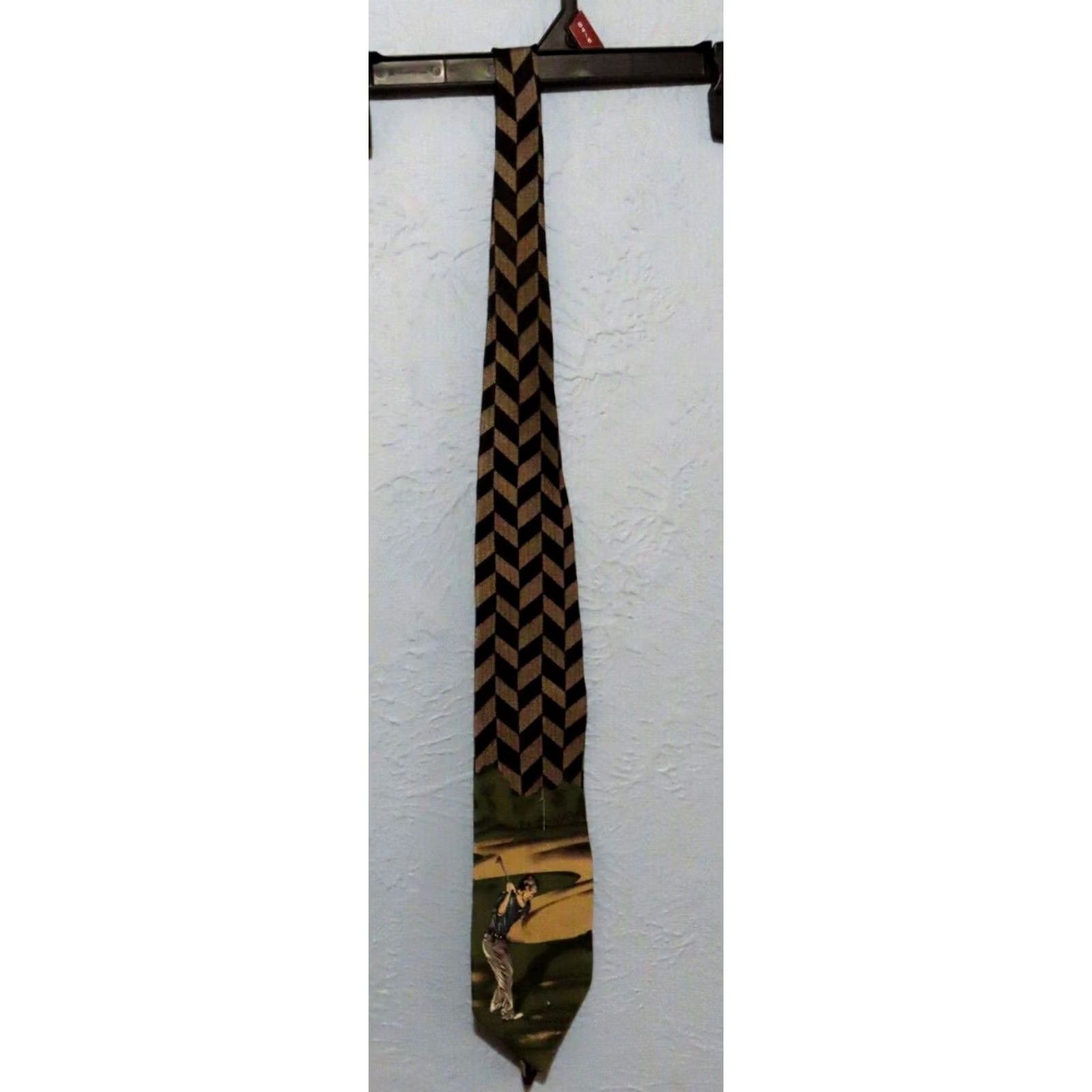 Vintage Pebble Beach Golfer Silk Necktie Black Tan USA Made Mens Tie Golf Size ONE SIZE - 2 Thumbnail