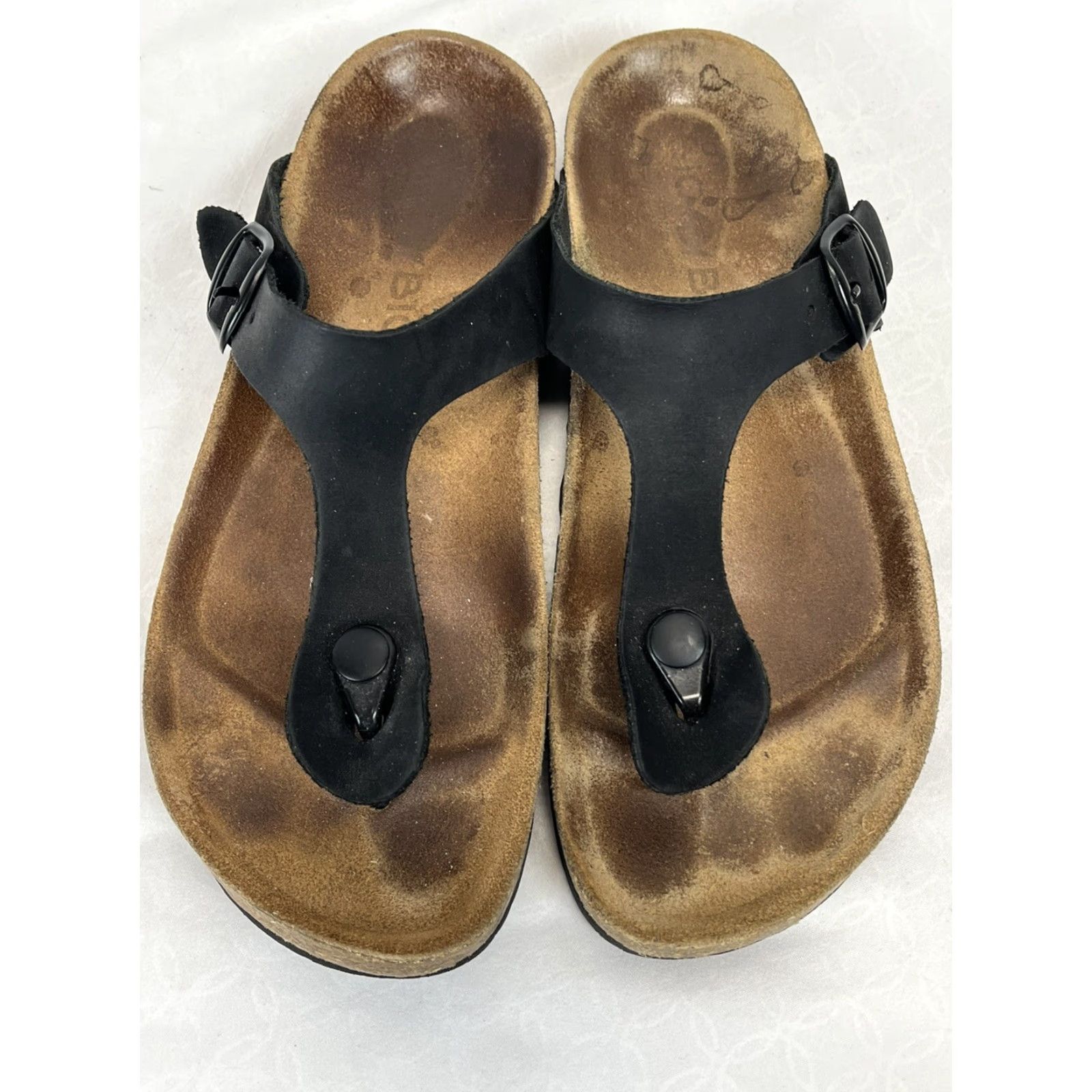 Vintage Bio Bio Womens Thong Sandals Black Leather Cork Bed Sz 38 US 7 GUC Cork Insole Outsole Leather Upper Leather Lü? Size US 7 / IT 37 - 3 Thumbnail