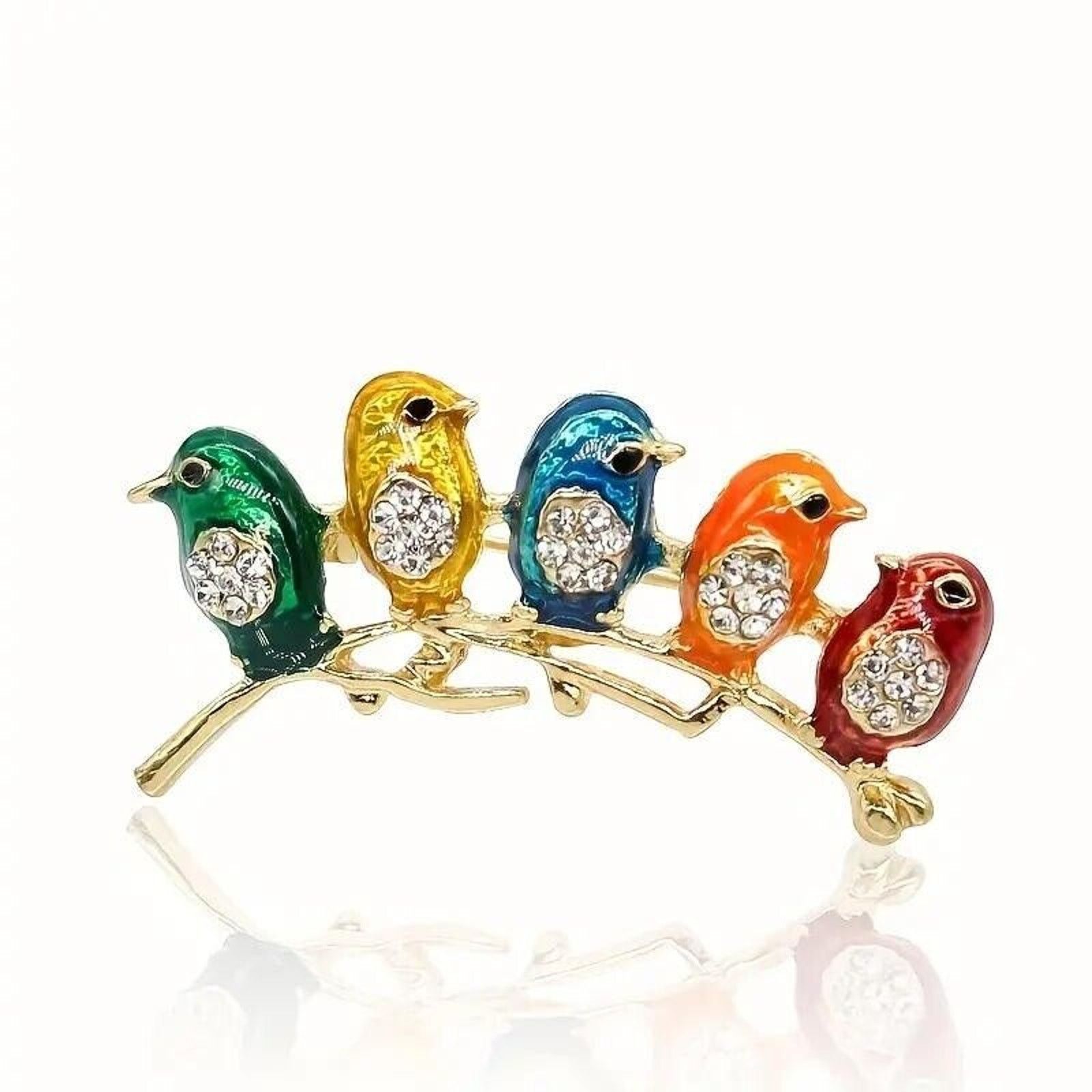 Other Adorable Rhinestone Five Birds Brooch Pin Multicolor Enamel Size ONE SIZE - 3 Thumbnail