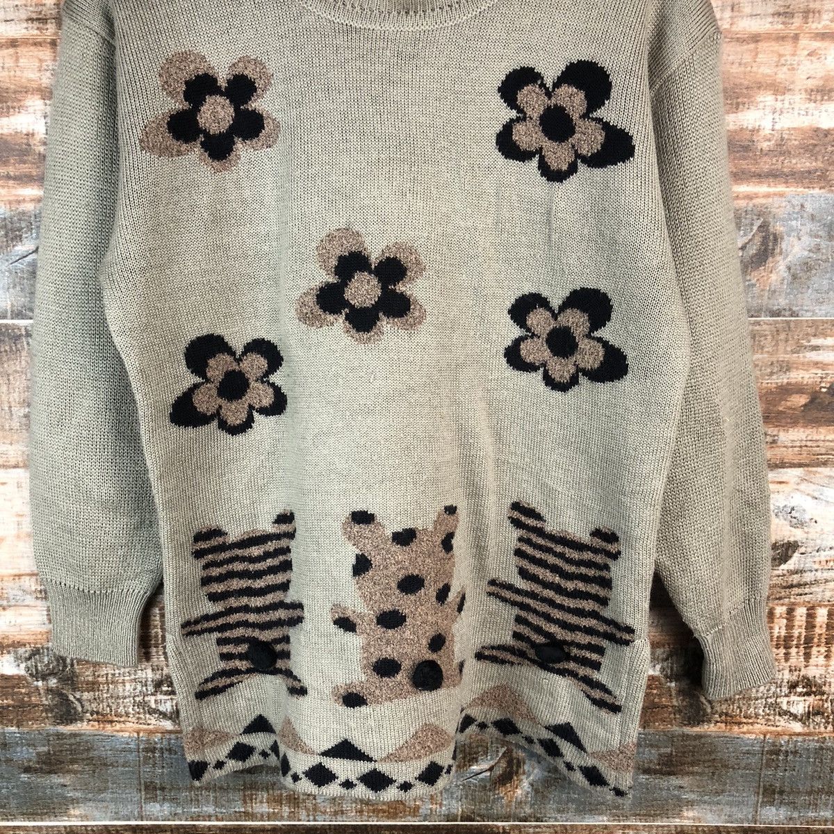 Aran Isles Knitwear × Japanese Brand Mochi Knit Sweaters Flower And Bear Gray #973 Size M / US 6-8 / IT 42-44 - 6 Thumbnail