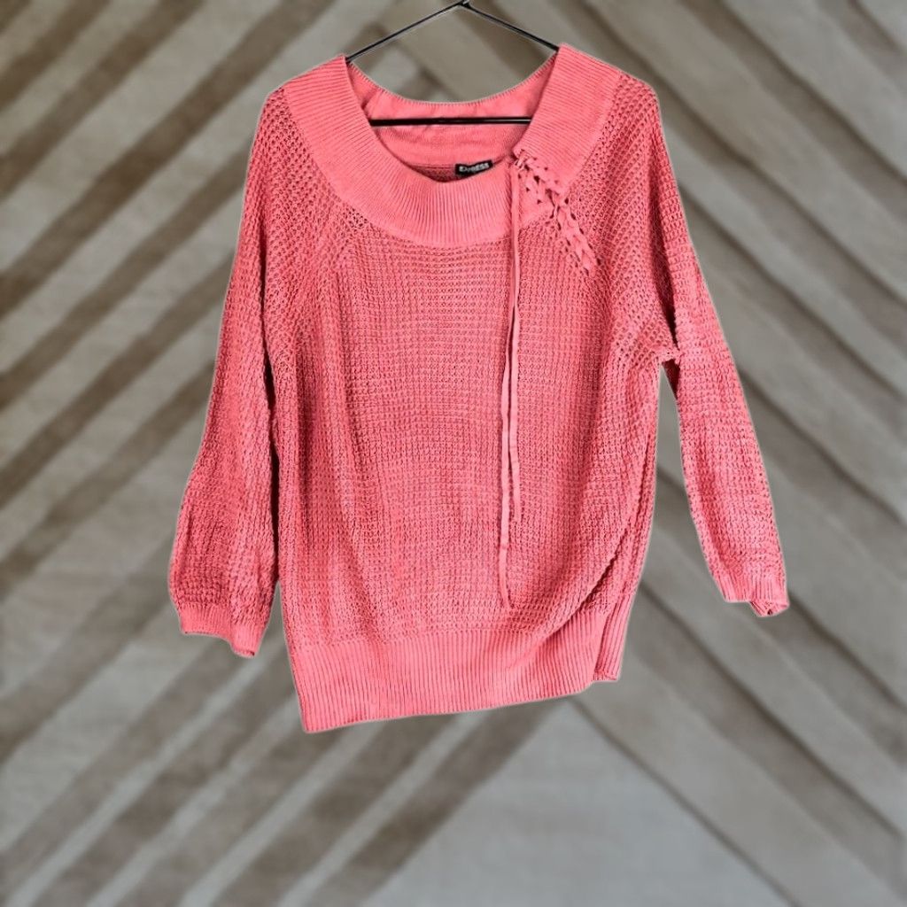 Express Express Sweater Pink Scoop Neck Tie Shoulder Open Knit Long Sleeve Small Womens Size S / US 4 / IT 40 - 1 Thumbnail