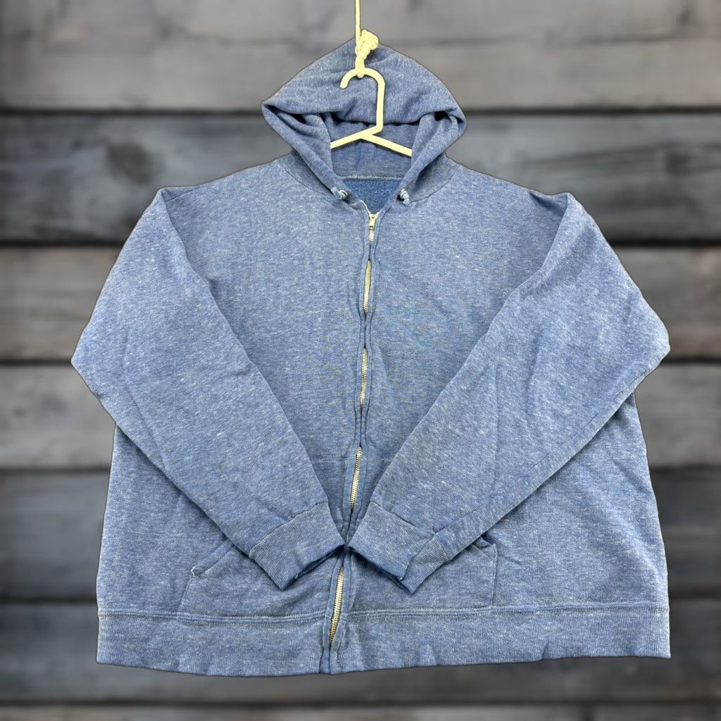 Vintage VINTAGE 70s Full Zip Hoodie Mens L Blue Cotton Polyester Fleece Sweatshirt 90s Logo Sun Faded Good pre-owned condition Size US L / EU 52-54 / 3 - 1 Thumbnail