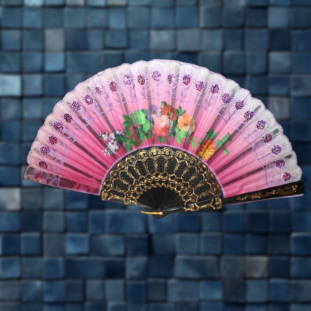 Vintage Vintage Small Hand Fan with Flowers and Flower Sequin Embellishments, Approx. 16-Inch Wide, New Size ONE SIZE - 1 Thumbnail