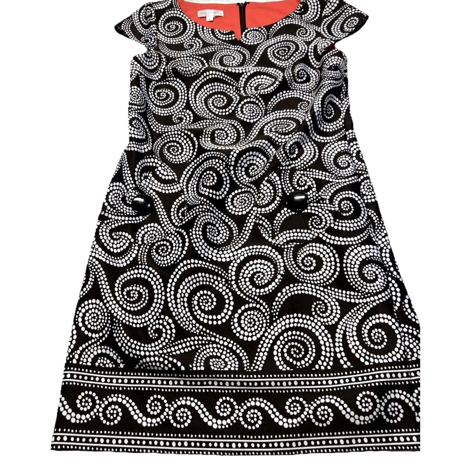Vintage London Times Dress Womens 10 Black White Swirl Print A-Line Midi Cap Sleeve Round Neck Zip Lined Size L / US 10 / IT 46 - 2 Thumbnail