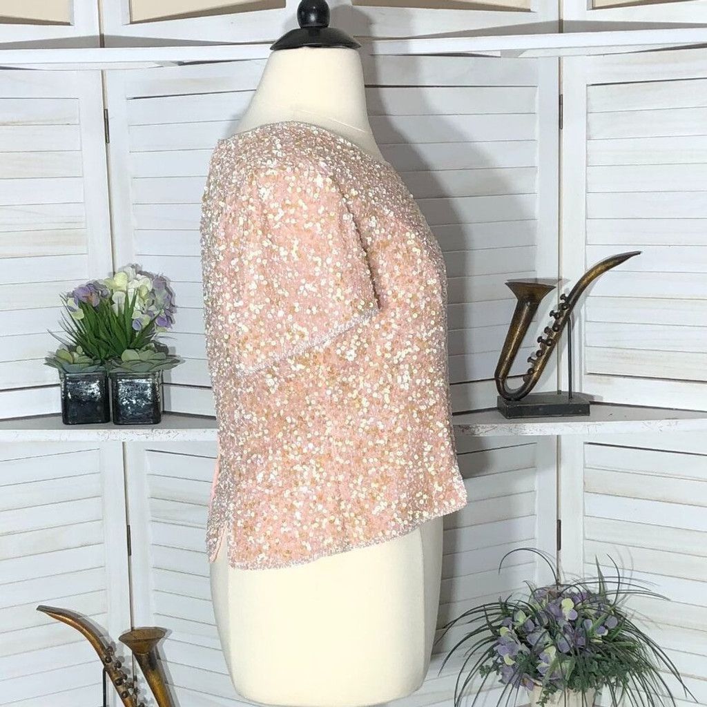 Vintage beaded sequined silk shiny pink blouse cocktail Sz XL Size XL / US 12-14 / IT 48-50 - 3 Thumbnail