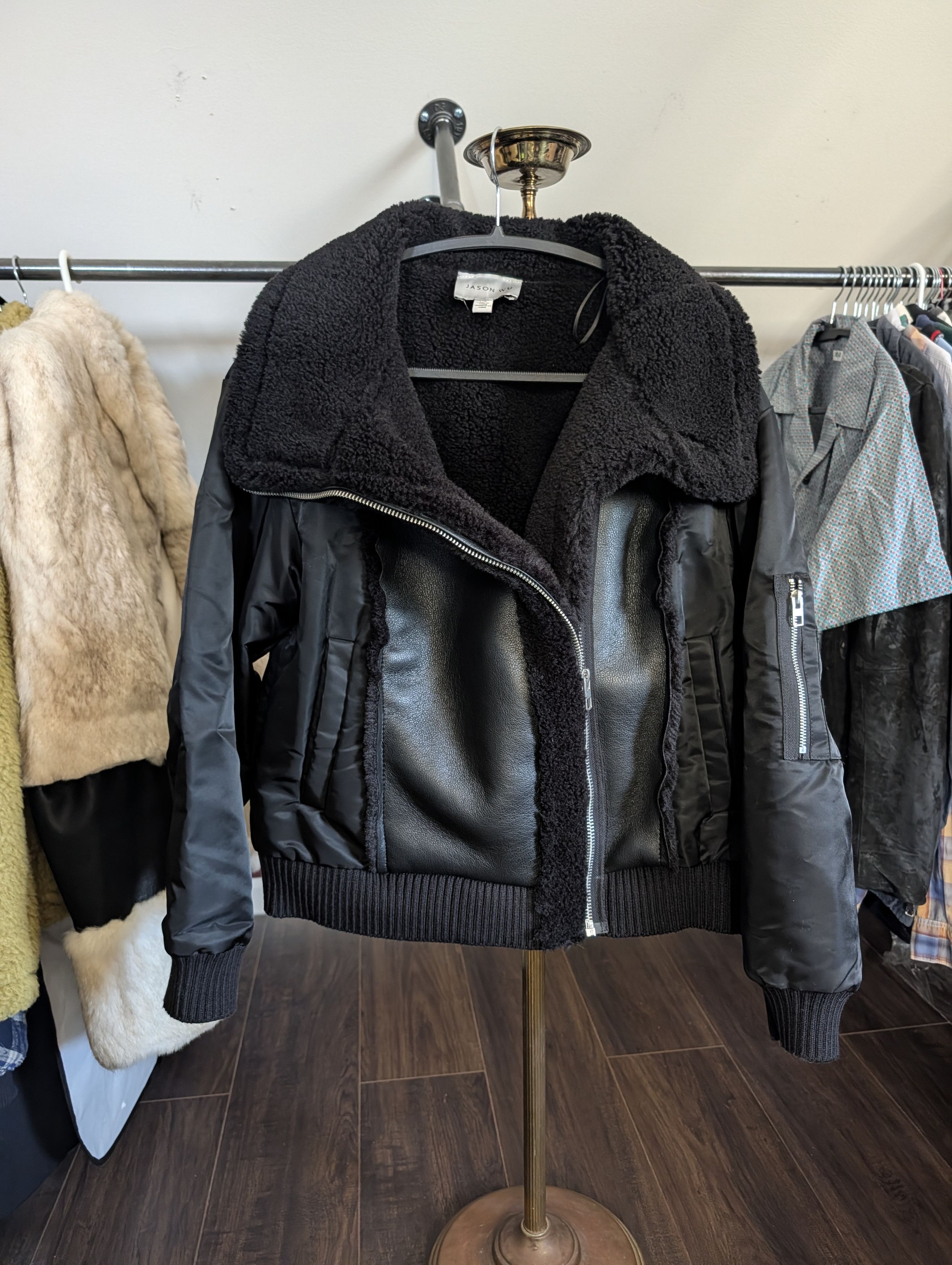Jason Wu Black vegan leather shearling fur aviator bomber jacket Size L / US 10 / IT 46 - 1 Thumbnail