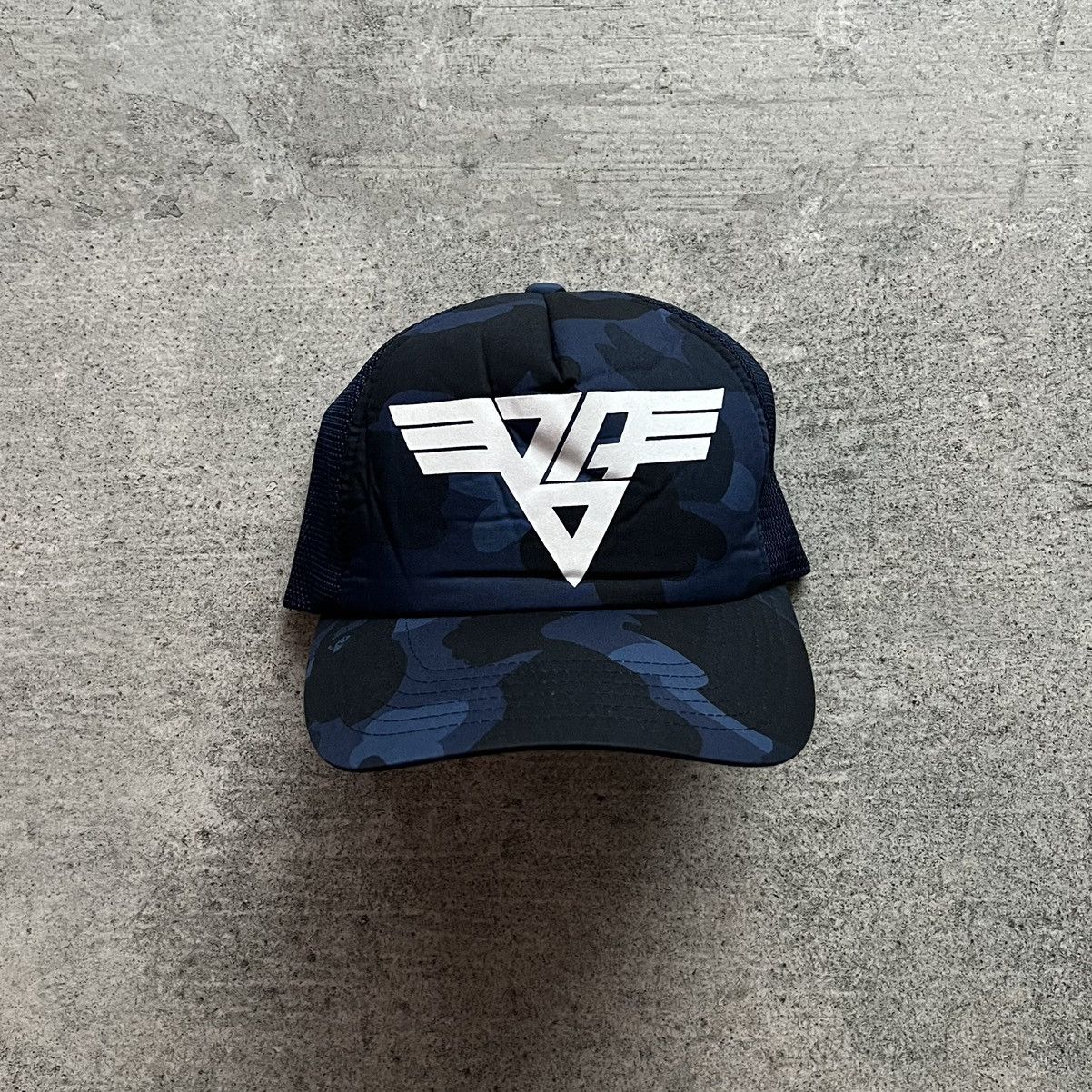 image of A Bathing Ape Bape Van Halen Blue Camo Mesh Trucker Hat, Men's