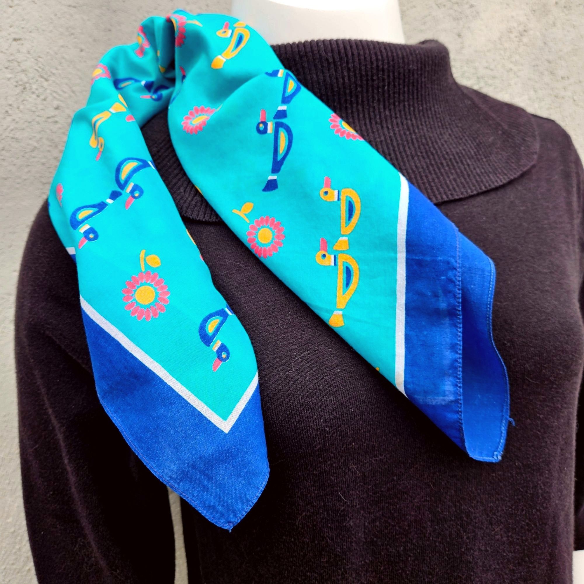 Vintage Ray Strauss 1960s Mod Cotton Scarf Pair Turquoise Marigold M Size ONE SIZE - 13 Thumbnail