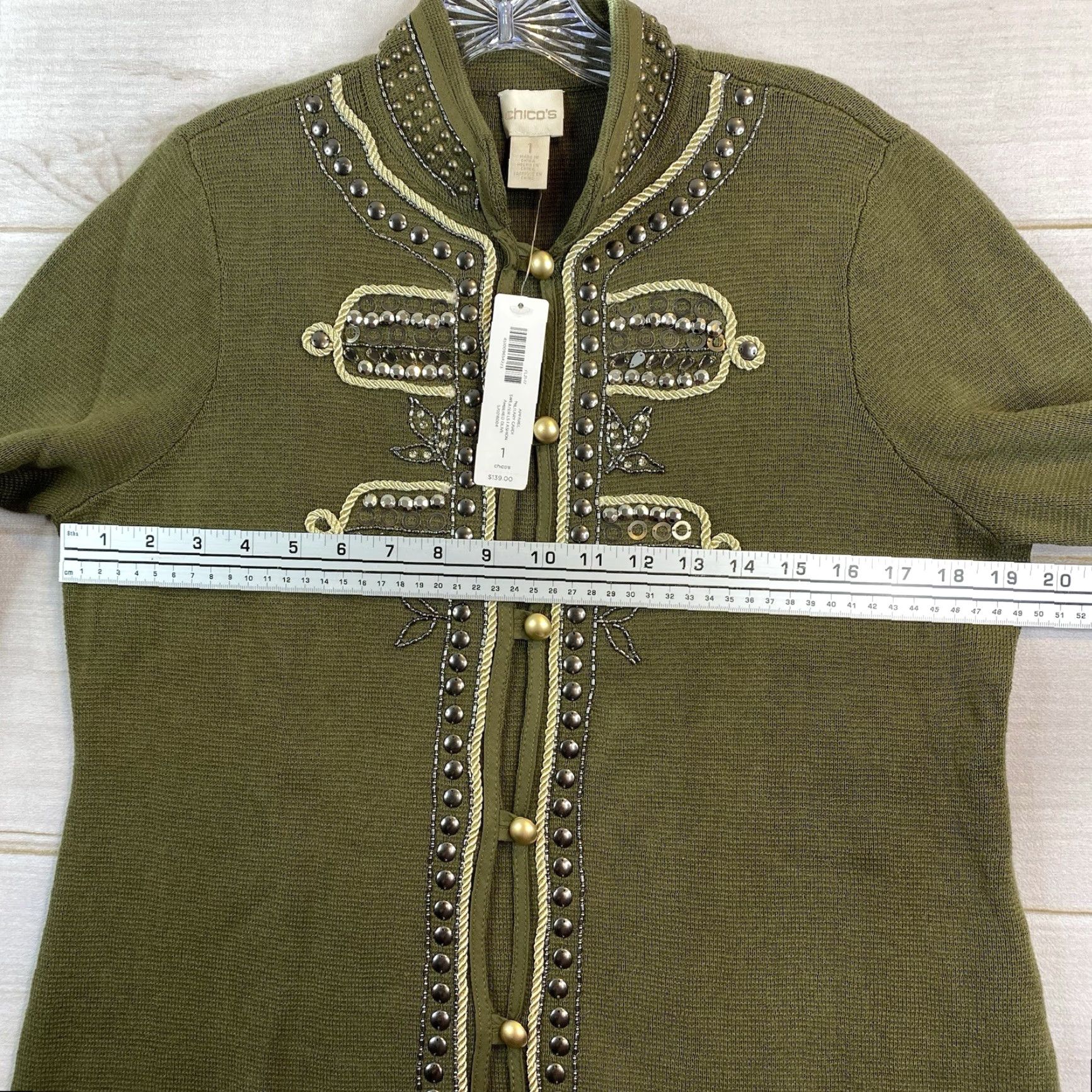 Vintage Chicos Cardigan Sweater 1 M 8/10 Olive Green Beaded Studded 3/4 Sleeve NWT Women's Knit 100% Cotton Button Up High Neck Modern Classic Size M / US 6-8 / IT 42-44 - 7 Thumbnail