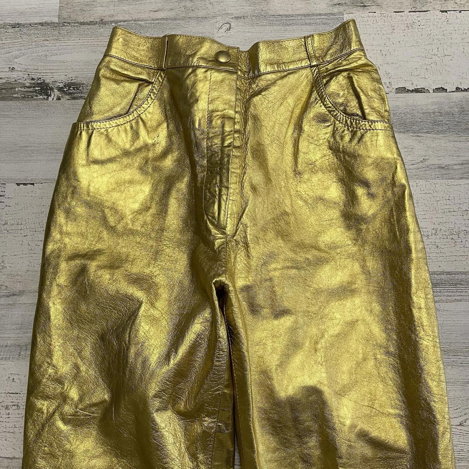 Designer Vintage Gold Leather Israel High Waisted Pants 0-2 Israel Size 26" / US 2 / IT 38 - 3 Thumbnail