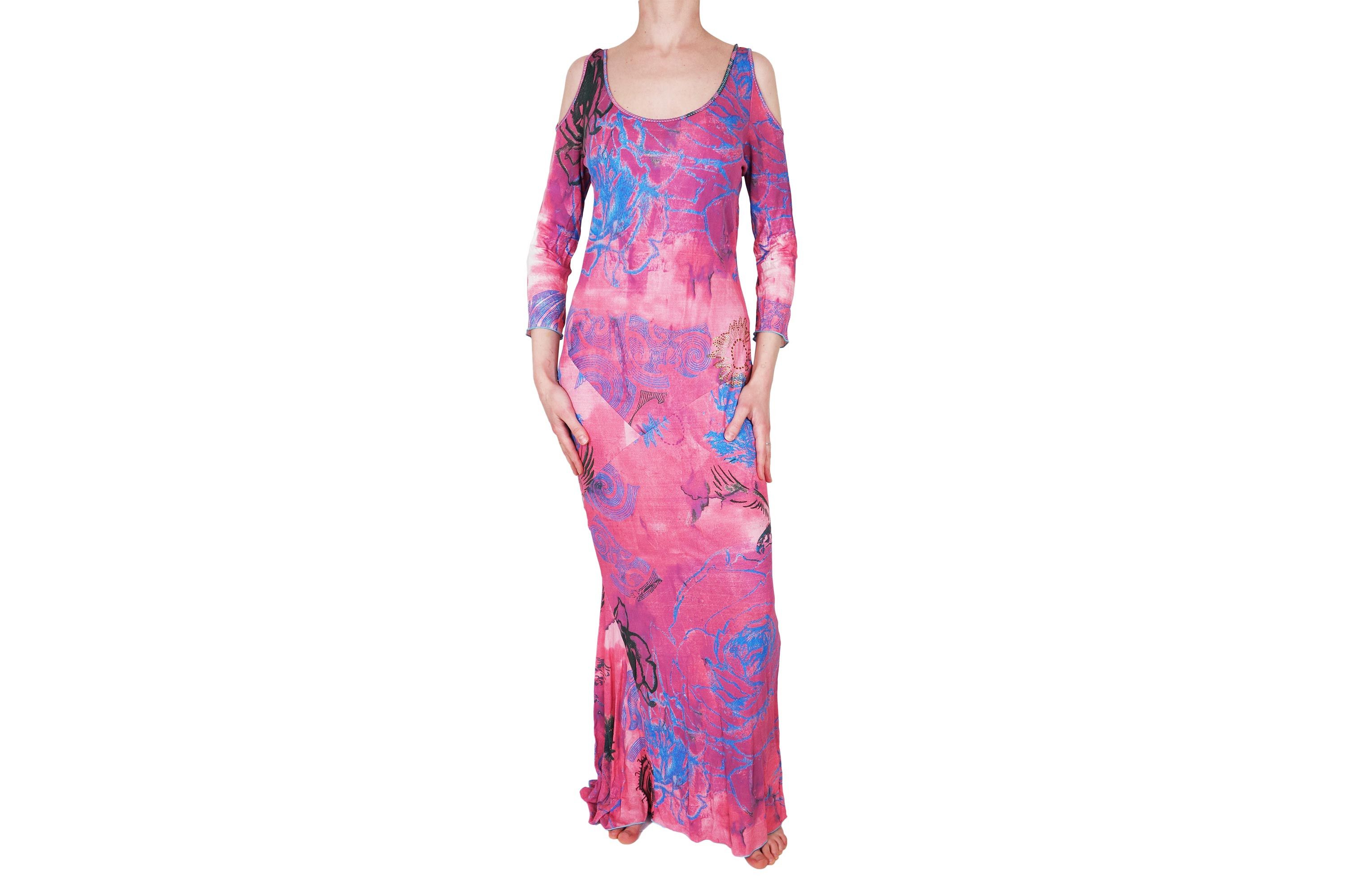 image of Roberto Cavalli Class Tattoo Print Shoulder Maxi Dress L XL in Blue Pink, Women's