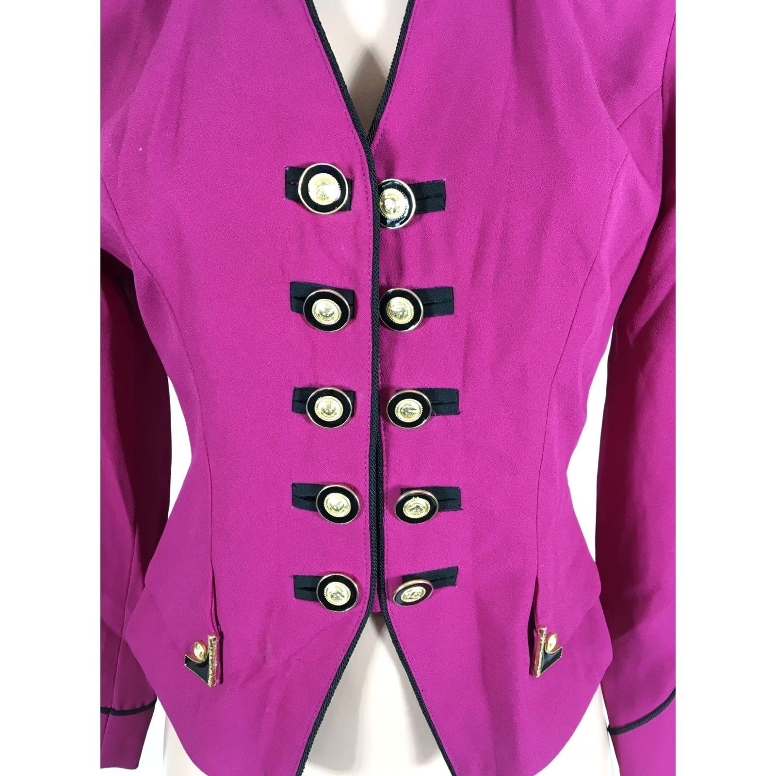 Vintage VINTAGE Cache Blazer Jacket Magenta Pink Black Gold Buttons Crop Size 4 USA MADE Size S / US 4 / IT 40 - 4 Thumbnail