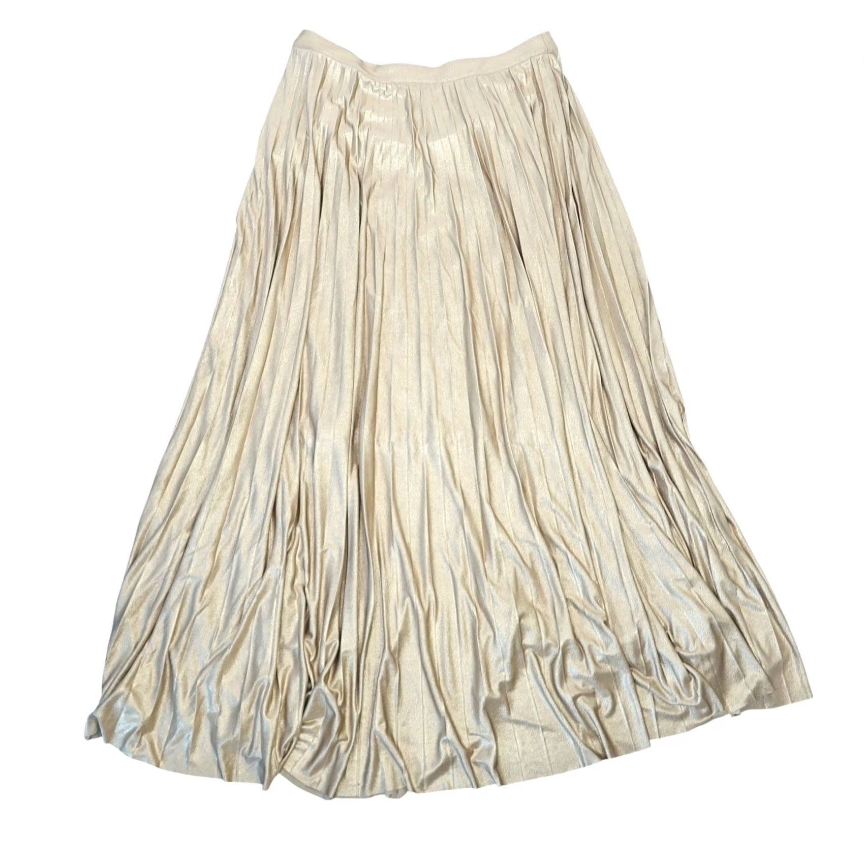 Vintage INC International Concepts Shiny Metallic Gold Pleated Maxi Skirt 10 Women Long Party Cocktail Formal Workwear Gold Polyester Spandex Zip Closure Size 32" / US 10 / IT 46 - 3 Thumbnail