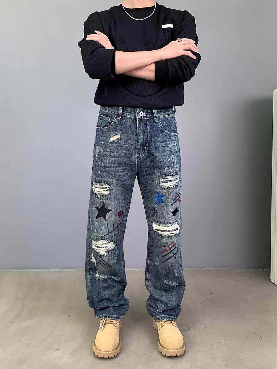 Japanese Brand × Jean Street embroidered hip-hop loose casual ripped jeans Size US 32 / EU 48 - 2 Thumbnail