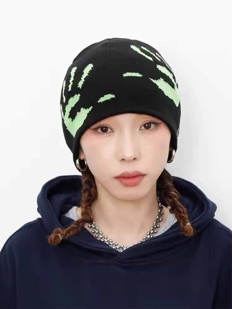 Japanese Brand Y2k Knitting Graphic Black Aesthetic Beanie Hat Size ONE SIZE - 3 Thumbnail