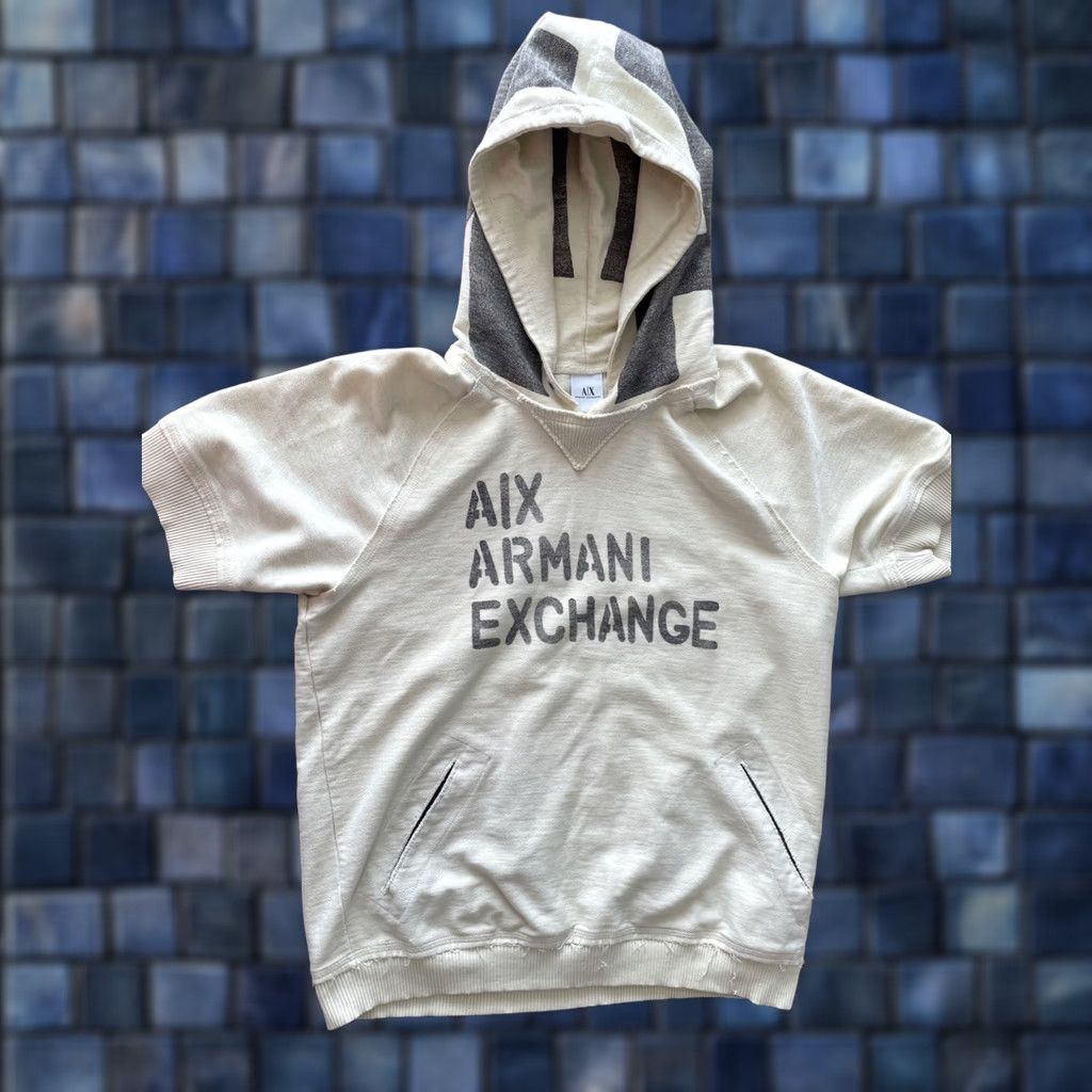 Armani Exchange VINTAGE Armani Exchange Hoodie Mens M Cream Ivory Short Sleeve A/X Grunge 00s City Hip Hop Y2K Pullover Hooded Logo Regular Fit Knit Cotton Size US M / EU 48-50 / 2 - 1 Thumbnail