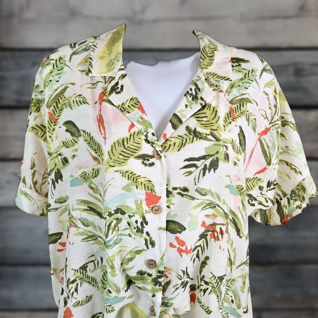 Vintage LC Lauren Conrad Womens Button-Up Top Sz Medium Green Pink Short Sleeve Shirt Ladies M Green Pink Short Sleeve Button-Up Shirt Size M / US 6-8 / IT 42-44 - 1 Thumbnail