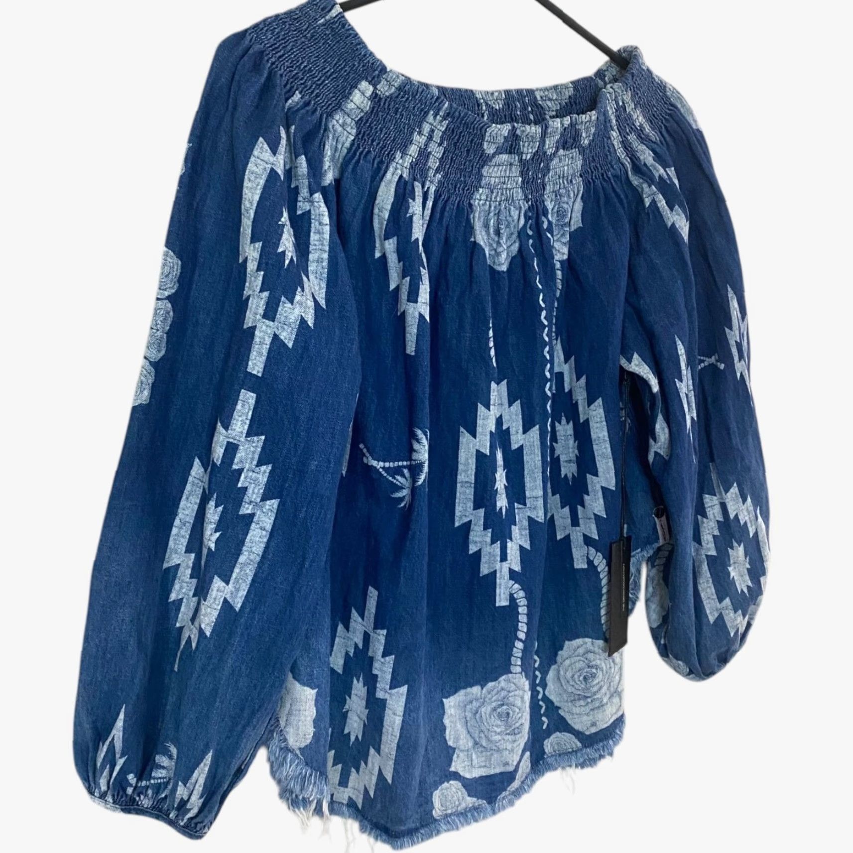 Vintage VINTAGE One Teaspoon Denim Blouse Women Medium Off-The-Shoulder Aztec Floral Bohemian Festival Size M / US 6-8 / IT 42-44 - 3 Thumbnail