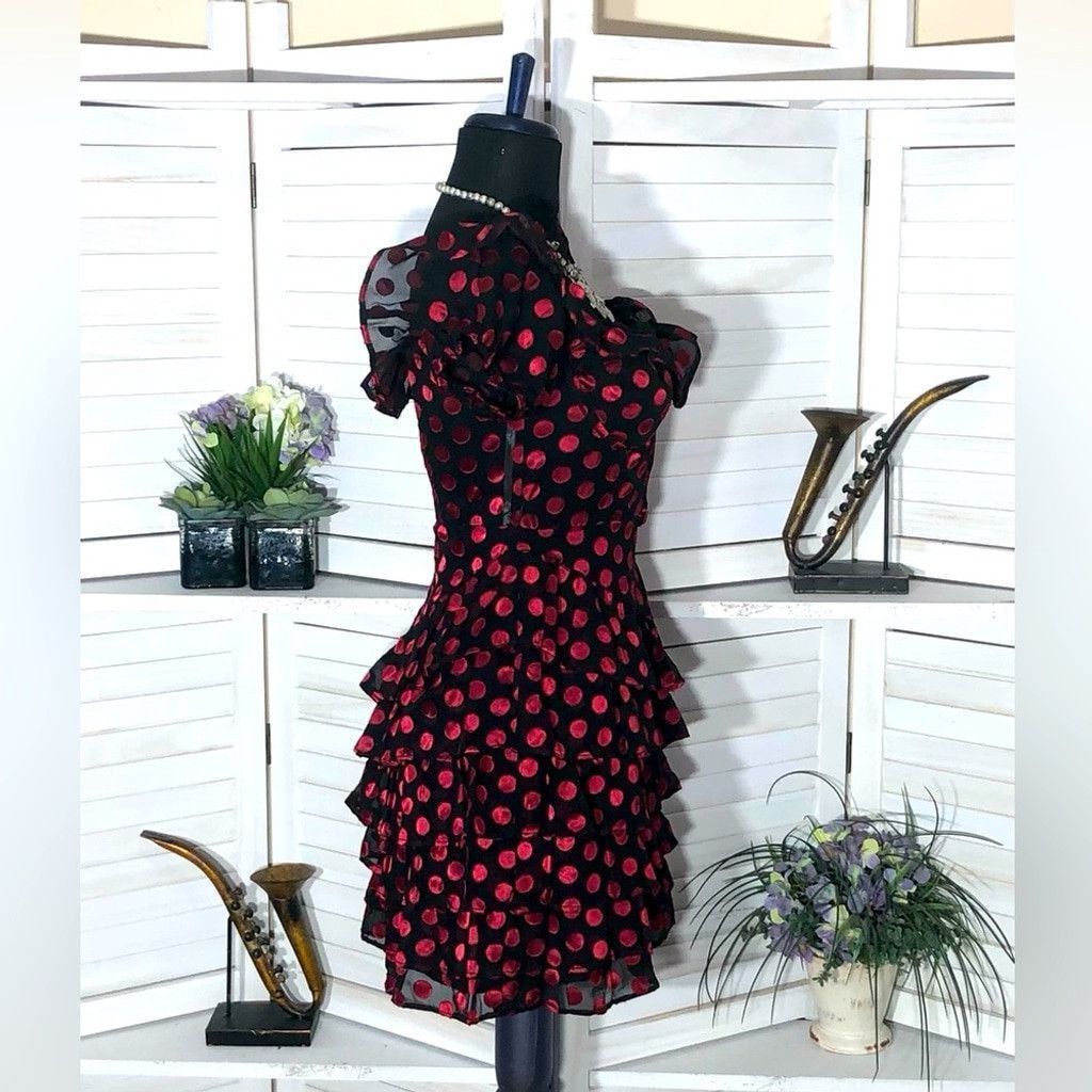 Lovers and Friends Lovers + Friends mini dress black red dot tiered ruffles M Size L / US 10 / IT 46 - 4 Thumbnail