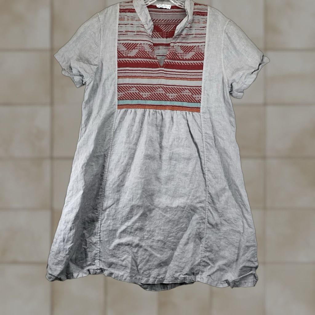 Vintage VINTAGE Moraitis Linen Women's Dress Shirt Dress Casual Bohemian Geometric Embroidered Knee Length Spring Summer Medium Gray Women Size M / US 6-8 / IT 42-44 - 1 Thumbnail