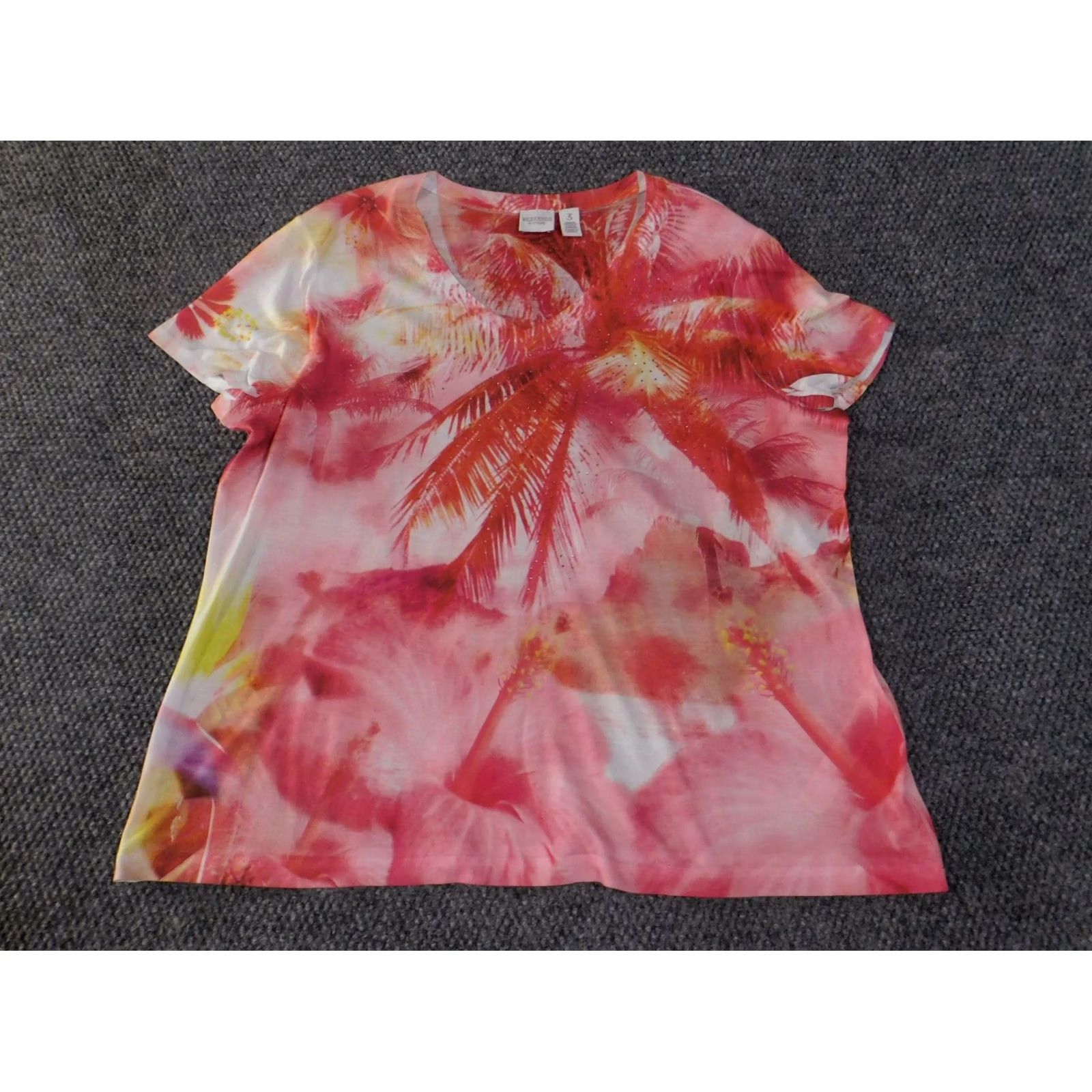 Vintage Chico's Blouse Shirt Womens 3 Pink Palm Tree V-Neck Casual Short Sleeve Polyester Knit Tropical Floral Weekend Size XS / US 0-2 / IT 36-38 - 2 Thumbnail