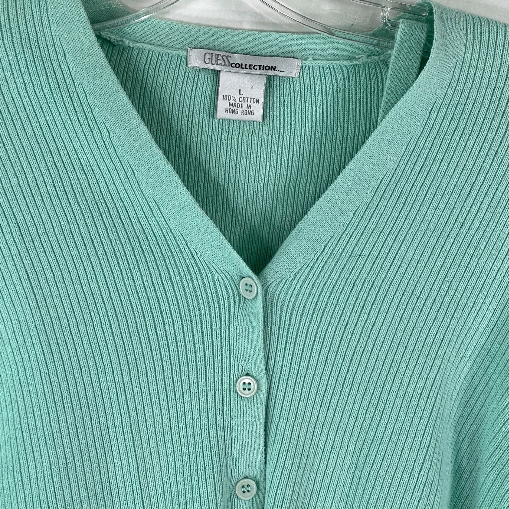 Vintage Guess Collection Cardigan Women Large Turquoise Blue 100% Cotton Knit Sweater Solid Button V-Neck Casual Womens Size L / US 10 / IT 46 - 3 Thumbnail