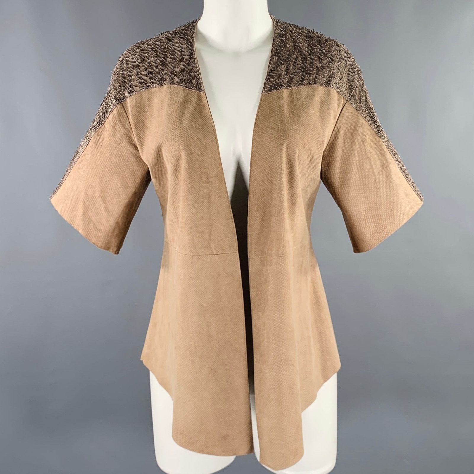 Drome DROME S Beige Silver Sheepskin Suede Open Front Casual Top Size S / US 4 / IT 40 - 1 Thumbnail