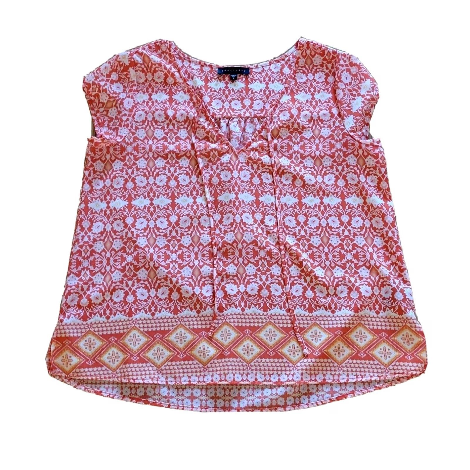 Sanctuary Sanctuary Shirt Womens Large Orange Floral Chiffon V-Neck Short Sleeve Blouse Casual Size L / US 10 / IT 46 - 2 Thumbnail