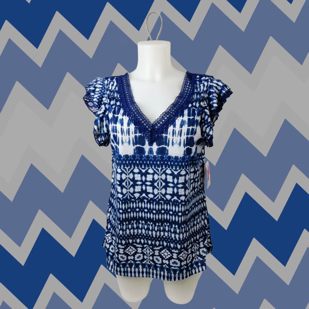 Vintage Bobbie Brooks Top Medium Navy-White Ikat Lace-Trim V-Beck Futter Sleeve #3059 Size M / US 6-8 / IT 42-44 - 1 Thumbnail