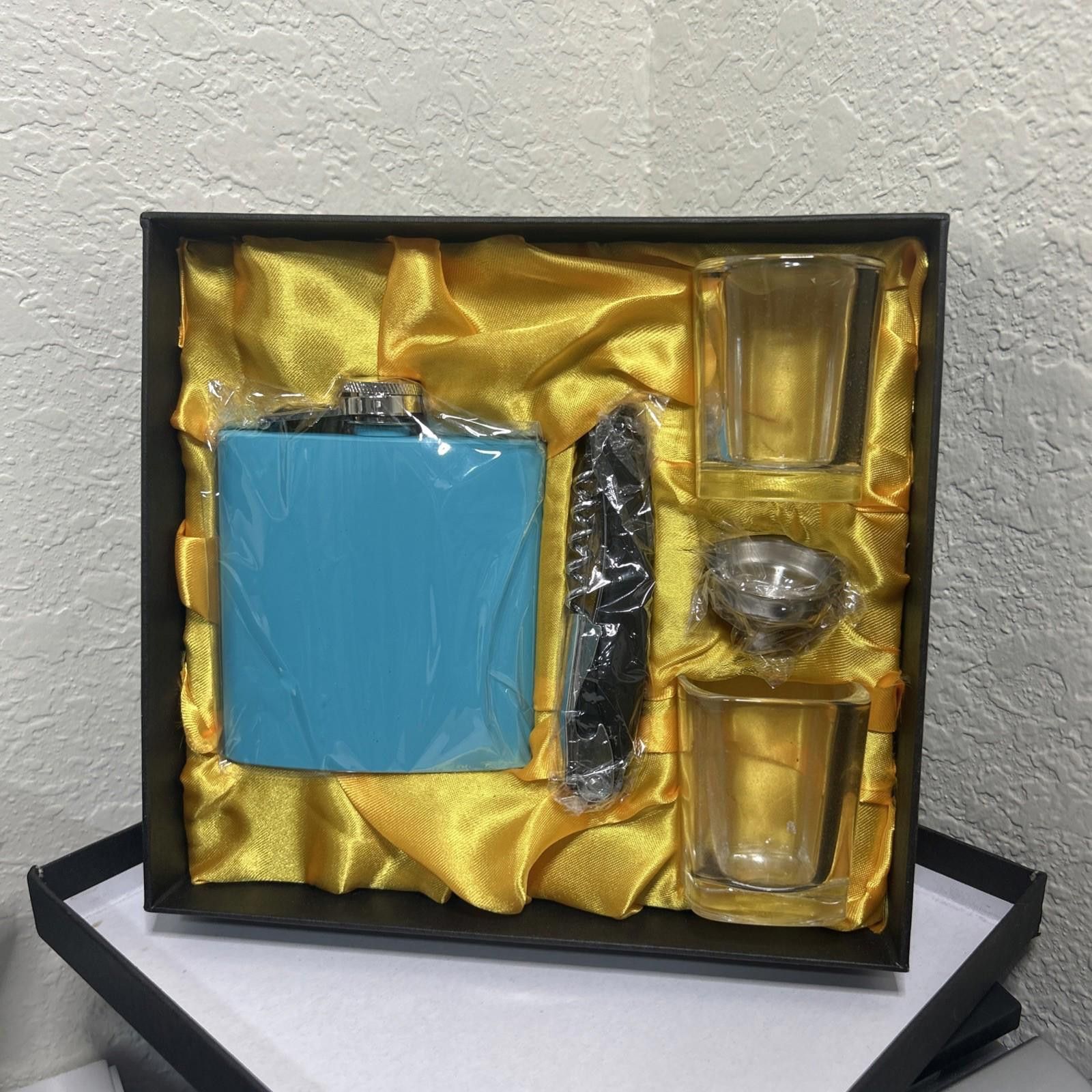 Designer BLUE FLASK SET & 2 Glass Shot Glasses And Corkscrew GIFT BOX Size ONE SIZE - 5 Thumbnail