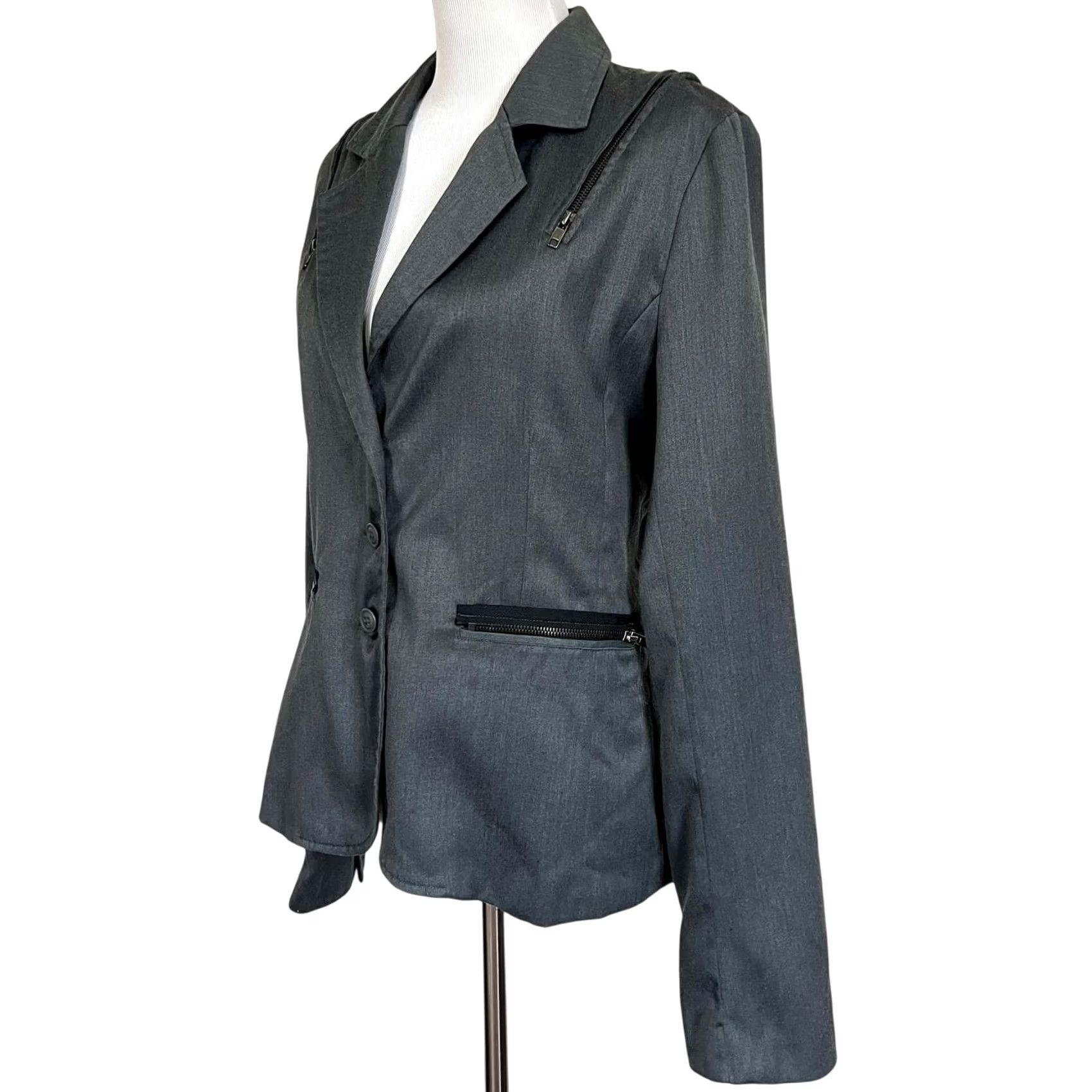Vintage Chor Women’s Jacket Blazer Gray 3-Button Pockets Accent Zippers Wool Blend Sz L Size L / US 10 / IT 46 - 3 Thumbnail