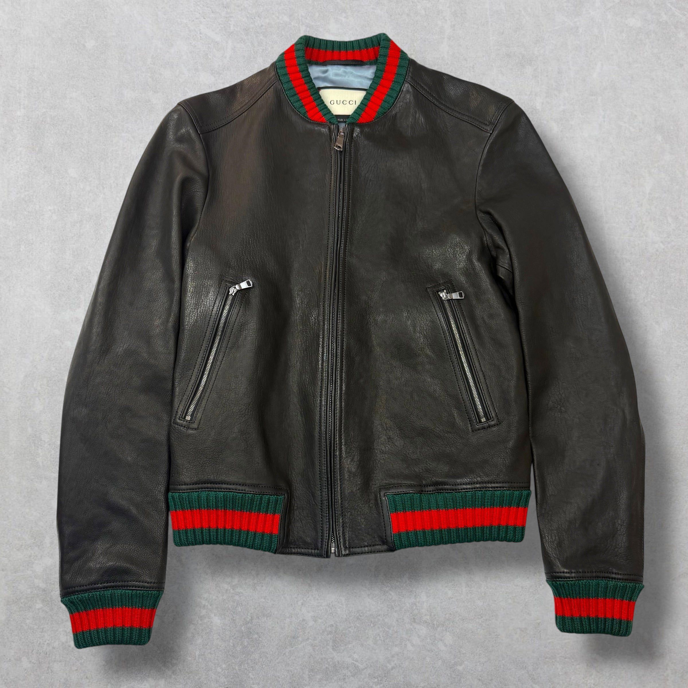 Gucci Gucci Web Trim Leather Bomber 46 (M) Size US M / EU 48-50 / 2 - 1 Thumbnail