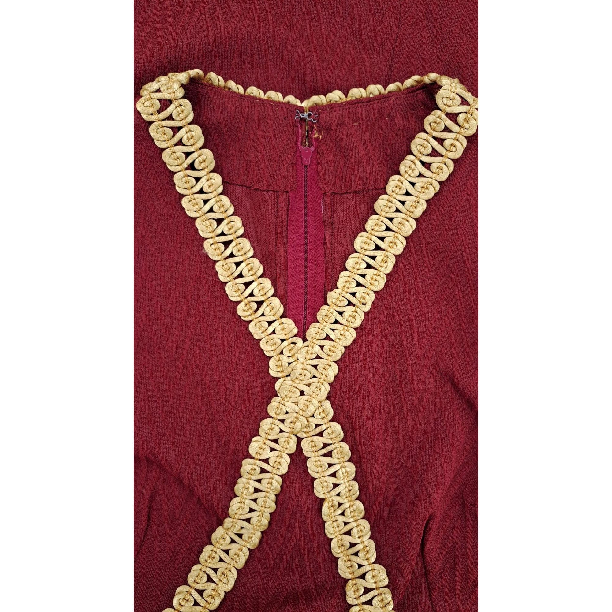 Handmade Vintage Handmade Maroon Dress Gold Gimp Trim Long Sleeve Size M / US 6-8 / IT 42-44 - 10 Thumbnail