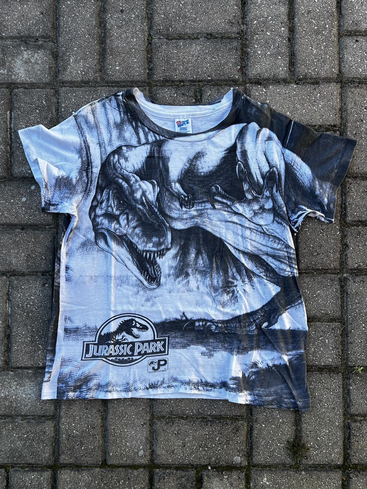 image of 1993 Single Stitch Jurassic Park Aop “Claw Attack” in White, Men's (Size Medium)