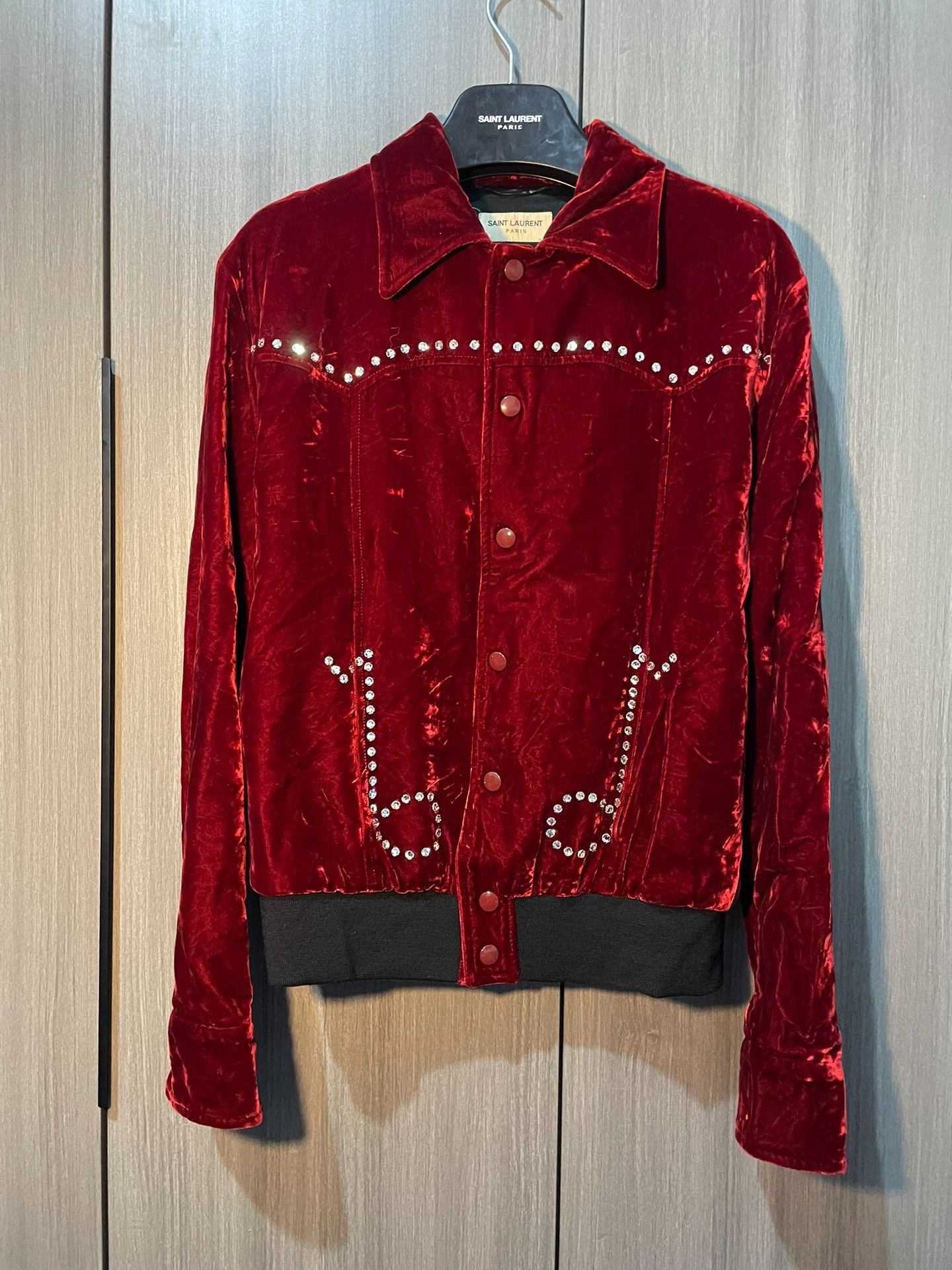 Saint Laurent Paris Saint Laurent Red Velvet Crystal Jacket Size L / US 10 / IT 46 - 1 Thumbnail