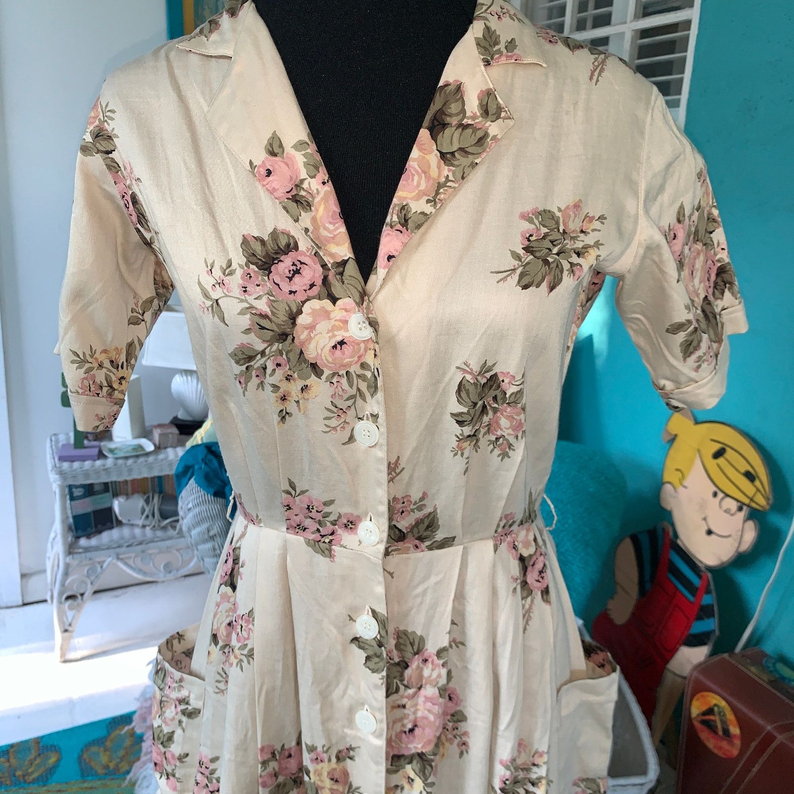 Other VINTAGE 80s BRITISH KHAKI ROBERT LIGHTON FLORAL TEA DRESS Size S / US 4 / IT 40 - 16 Thumbnail