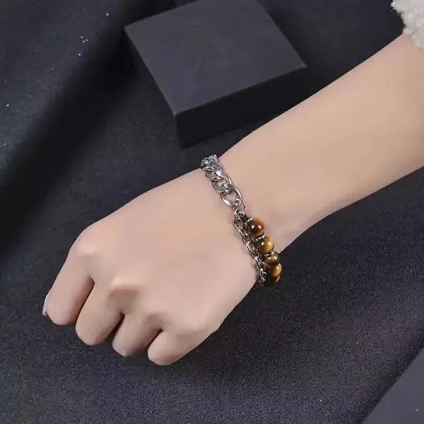 Jewelry Brown Tiger Eye Beaded Chain Bracelet, Chunky Silver Link Size ONE SIZE - 5 Thumbnail