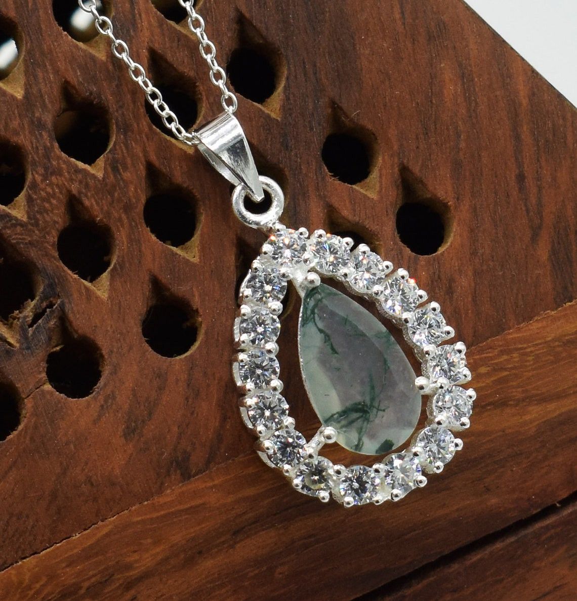 Handmade Natural Pear Moss Agate Gemstone Pendant, Bridal Gift Idea Size ONE SIZE - 6 Thumbnail