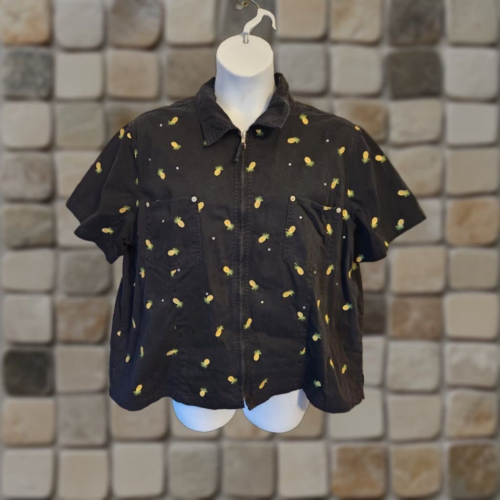 Quacker Factory Quacker Factory Women's Black Embroidered Pineapple Jacket Short Sleeve Zip 2X Size 40" / US 18 - 1 Thumbnail