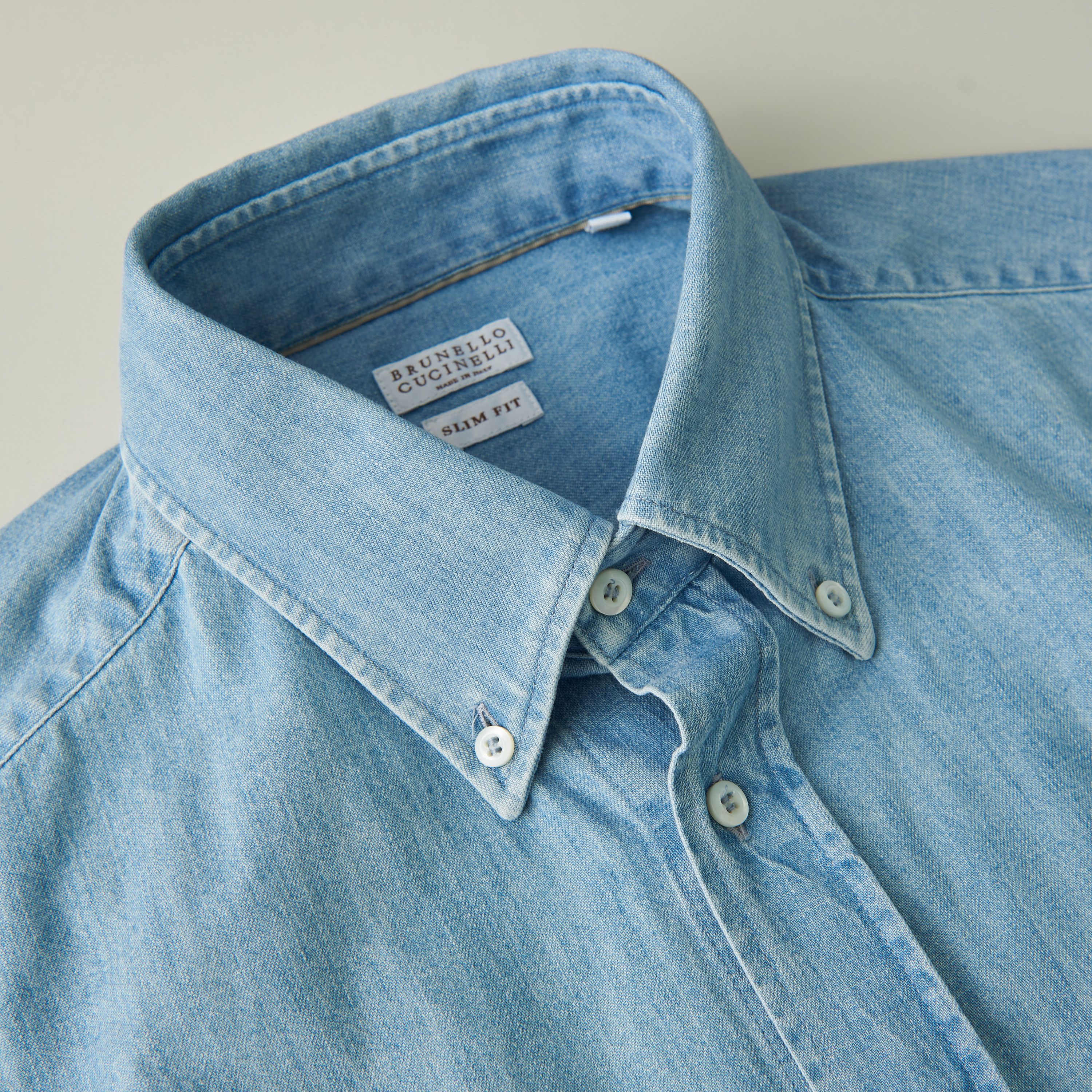 Brunello Cucinelli Denim Shirt - Slimfit, Button Down, Light Blue Cotton Size US M / EU 48-50 / 2 - 14 Thumbnail