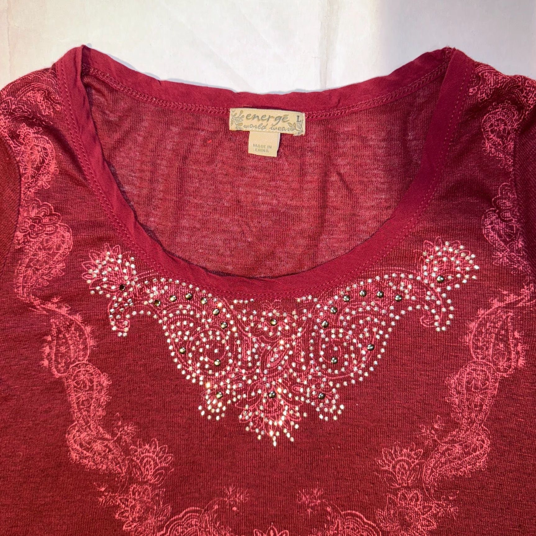 Vintage Energe Blouse Womens L Maroon Embelished Studded Y2K Paisley Ruffle 3/4 Sleeve Top Casual Womens Size L / US 10 / IT 46 - 2 Thumbnail