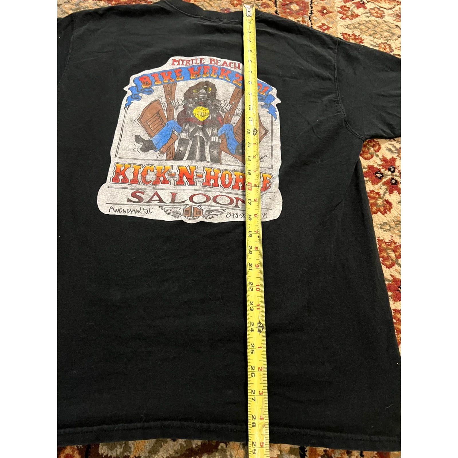 Fruit Of The Loom VINTAGE Kick-N-Horse Saloon Button Black T-Shirt Mens L Cotton 2001 Awendaw SC Size US L / EU 52-54 / 3 - 7 Thumbnail