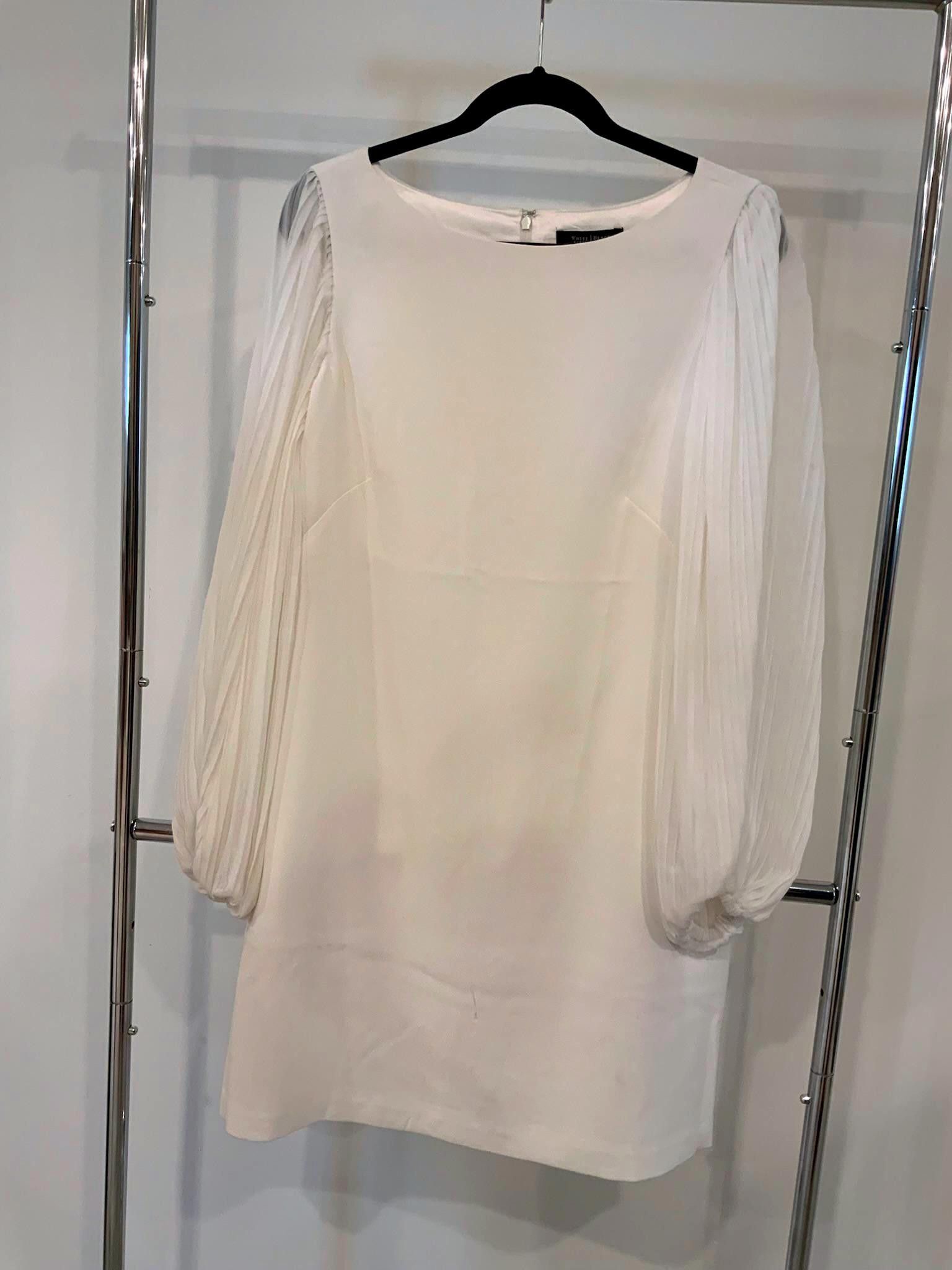 Designer Elegant White Dress with Pleated Sleeves by WHBM Size L / US 10 / IT 46 - 1 Thumbnail